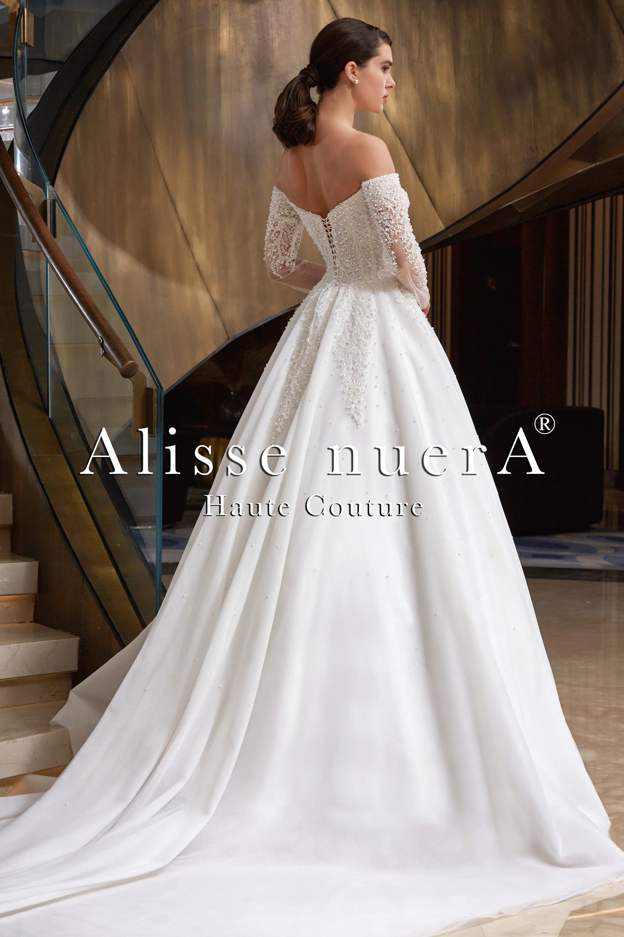 Off Shoulder Pearl Beaded Wedding Dress with Transparent Sleeve - Alisse Bridal Snow-winter-diamond White / Tulle