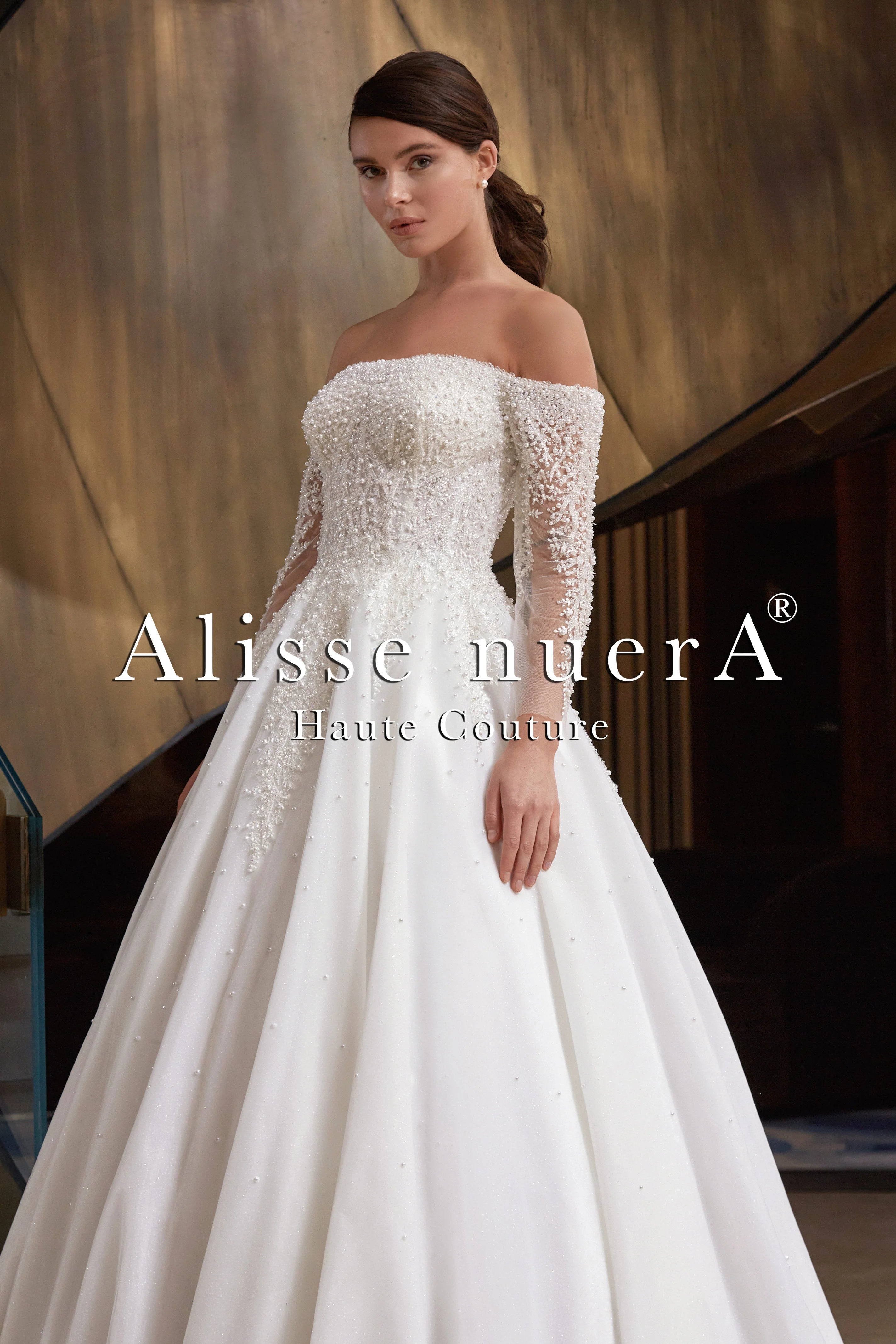 Off Shoulder Pearl Beaded Wedding Dress with Transparent Sleeve - Alisse Bridal Snow-winter-diamond White / Tulle