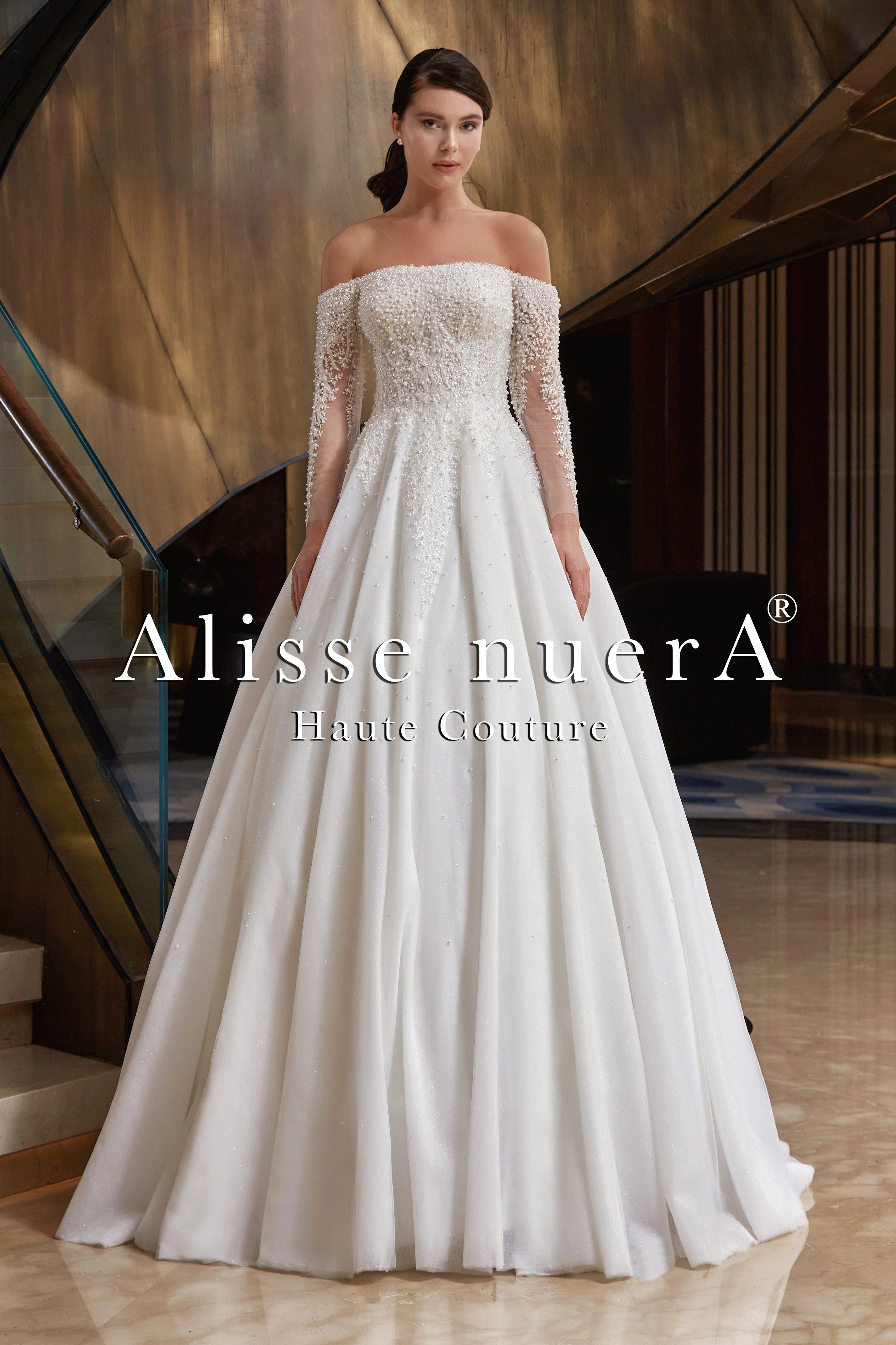 Off Shoulder Pearl Beaded Wedding Dress with Transparent Sleeve - Alisse Bridal Snow-winter-diamond White / Tulle