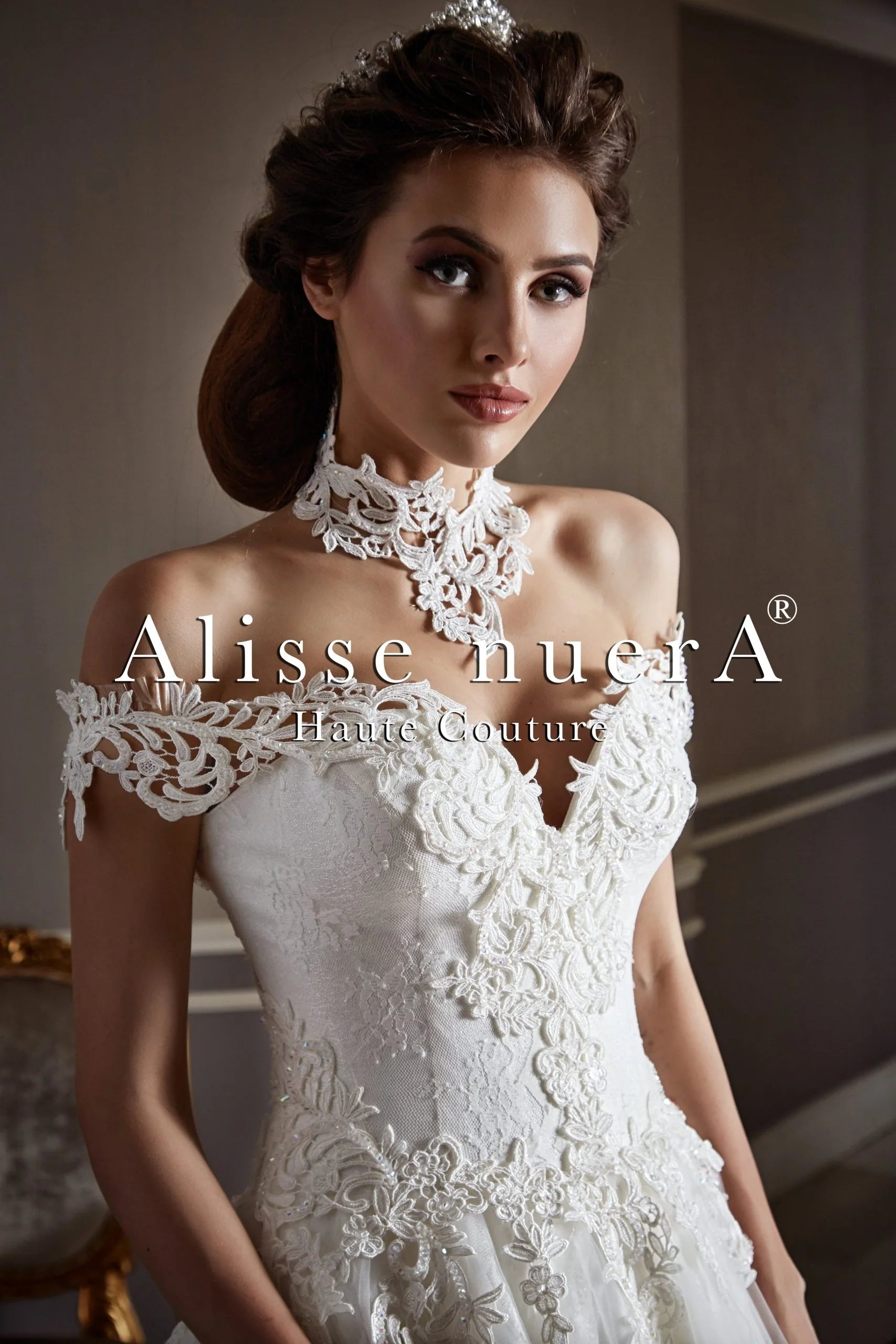 Off Shoulder Sweetheart Lace Wedding Dress with Bridal Choker - Alisse Bridal Off White / Lace Tulle / 14 Off Shoulder Sweetheart Lace Wedding Dress with Bridal Choker - Alisse Bridal Off White / Lace Tulle / 14