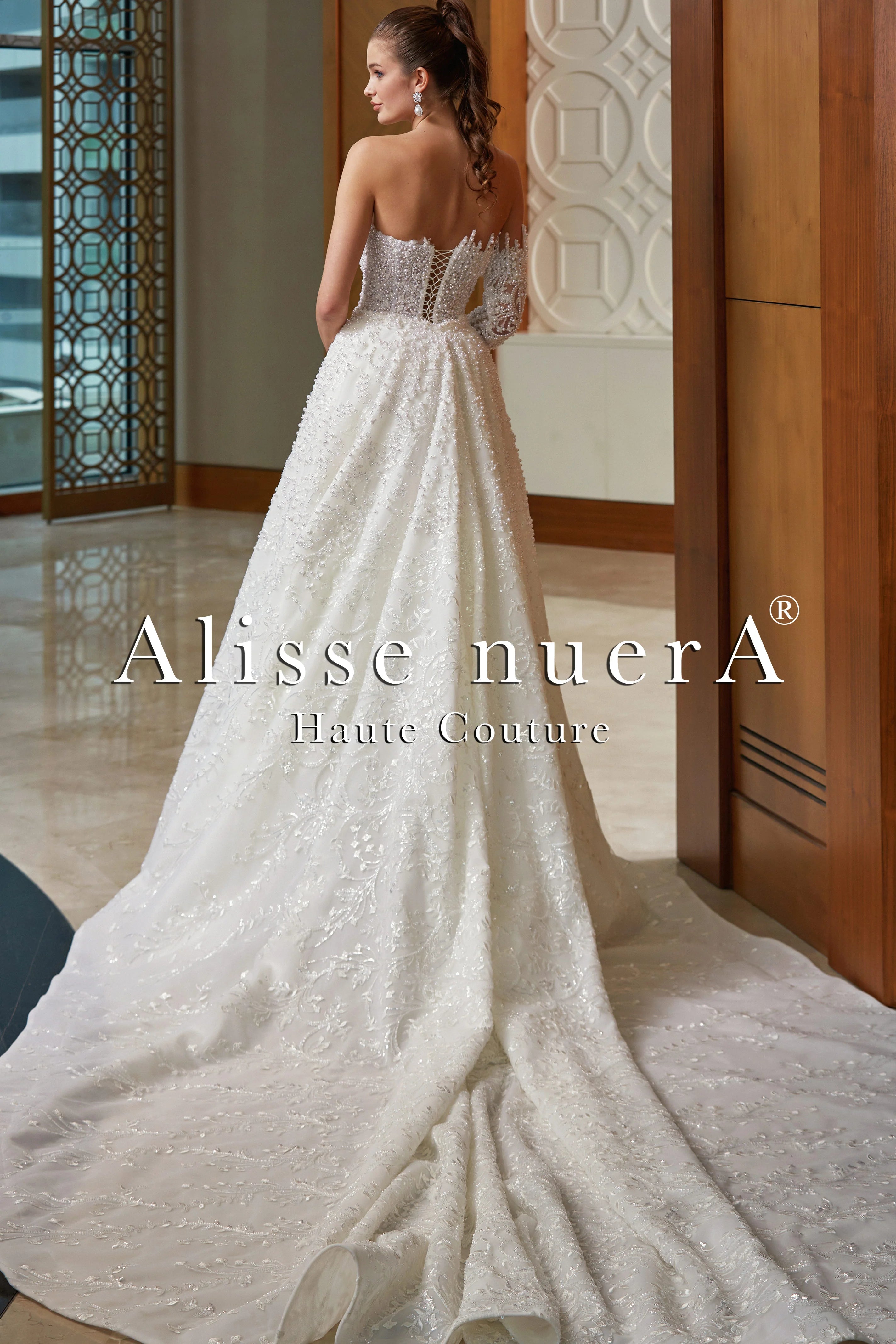 One Shoulder Long Sleeve Pearl Beaded Column Bridal Dress with Satin Overskirt - Alisse Bridal Off White / Lace - Stone / 22 One Shoulder Long Sleeve Pearl Beaded Column Bridal Dress with Satin Overskirt - Alisse Bridal Off White / Lace - Stone / 22