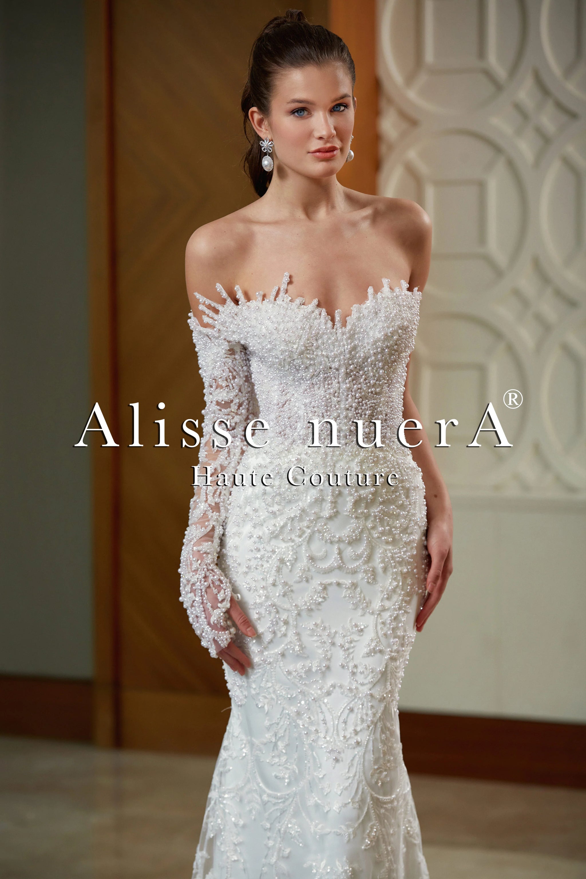 One Shoulder Long Sleeve Pearl Beaded Column Bridal Dress with Satin  Overskirt - Alisse Bridal