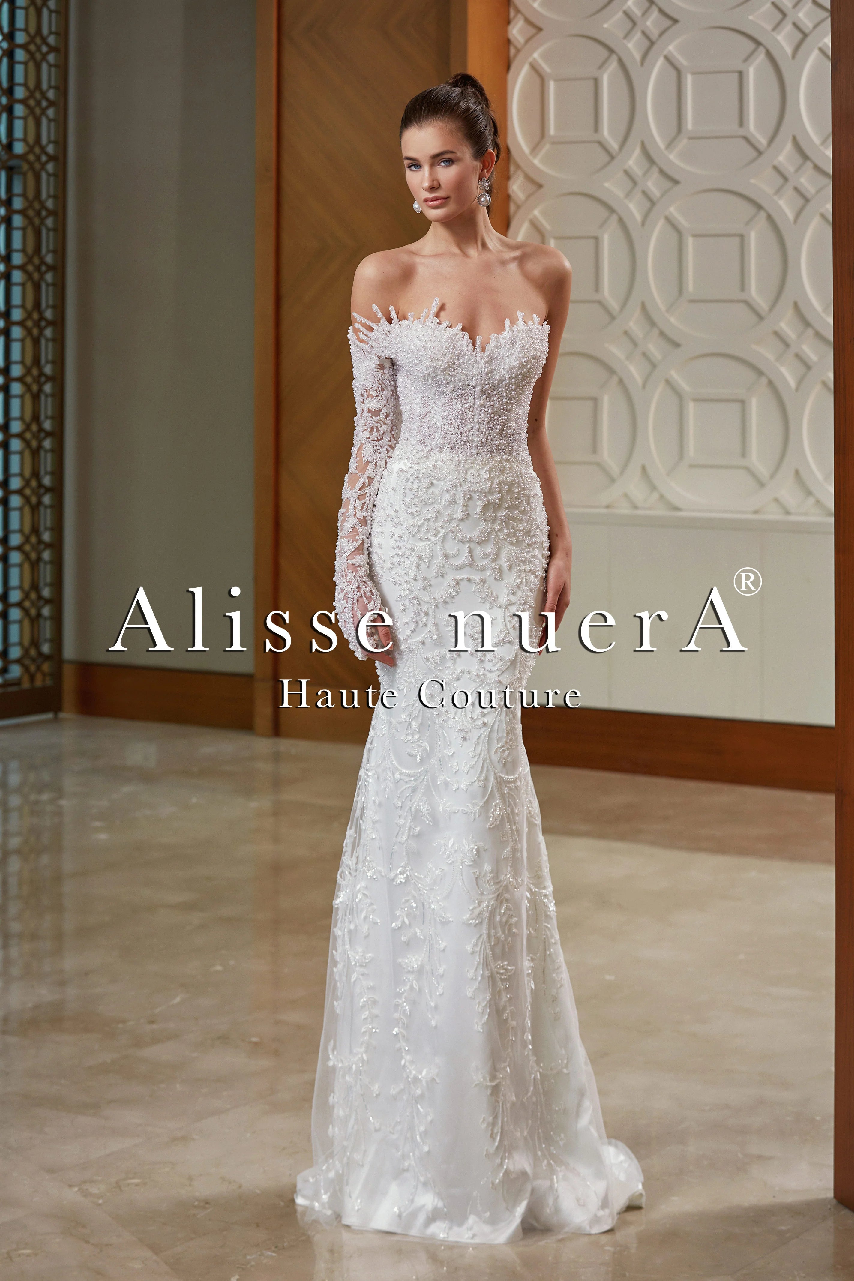 One Shoulder Long Sleeve Pearl Beaded Column Bridal Dress with Satin Overskirt - Alisse Bridal Off White / Lace - Stone / 22 One Shoulder Long Sleeve Pearl Beaded Column Bridal Dress with Satin Overskirt - Alisse Bridal Off White / Lace - Stone / 22