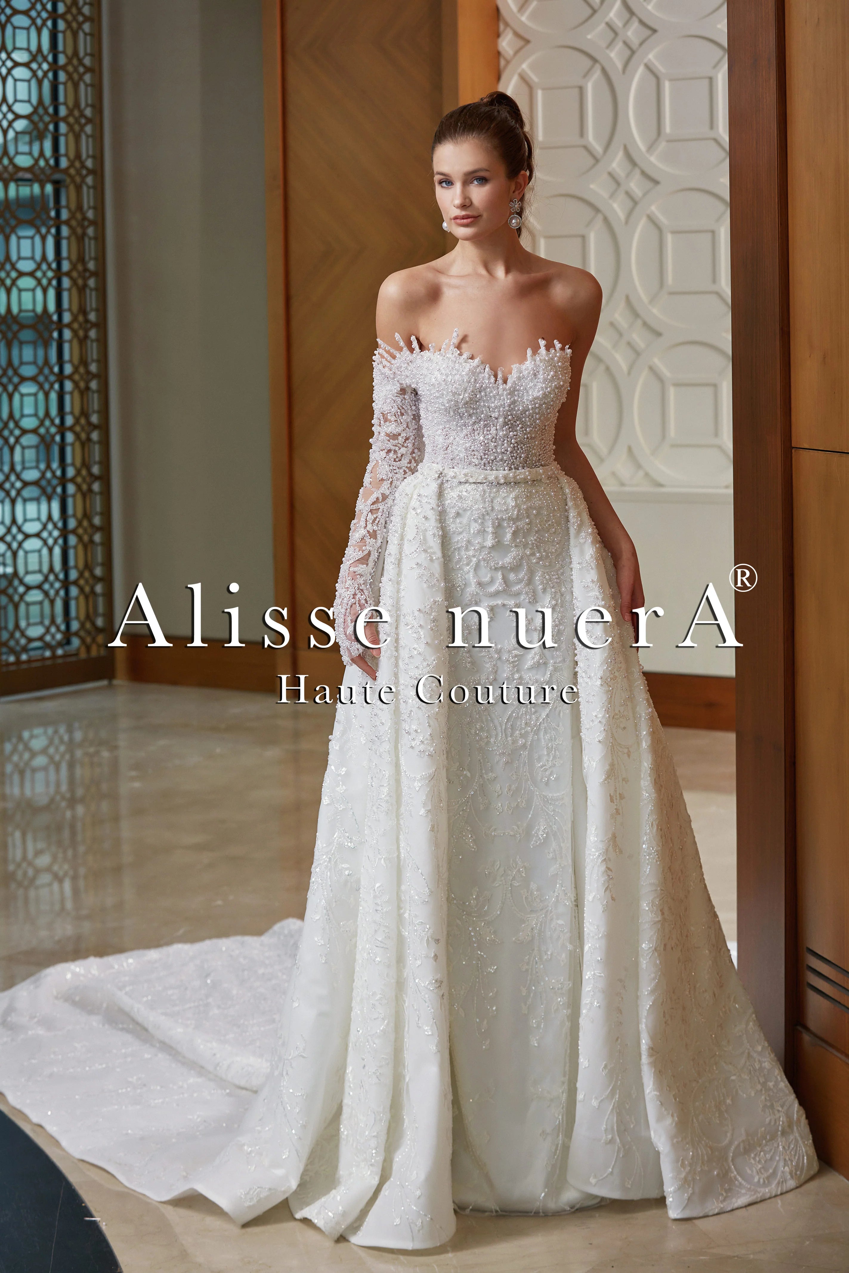 One Shoulder Long Sleeve Pearl Beaded Column Bridal Dress with Satin Overskirt - Alisse Bridal Off White / Lace - Stone / 22 One Shoulder Long Sleeve Pearl Beaded Column Bridal Dress with Satin Overskirt - Alisse Bridal Off White / Lace - Stone / 22