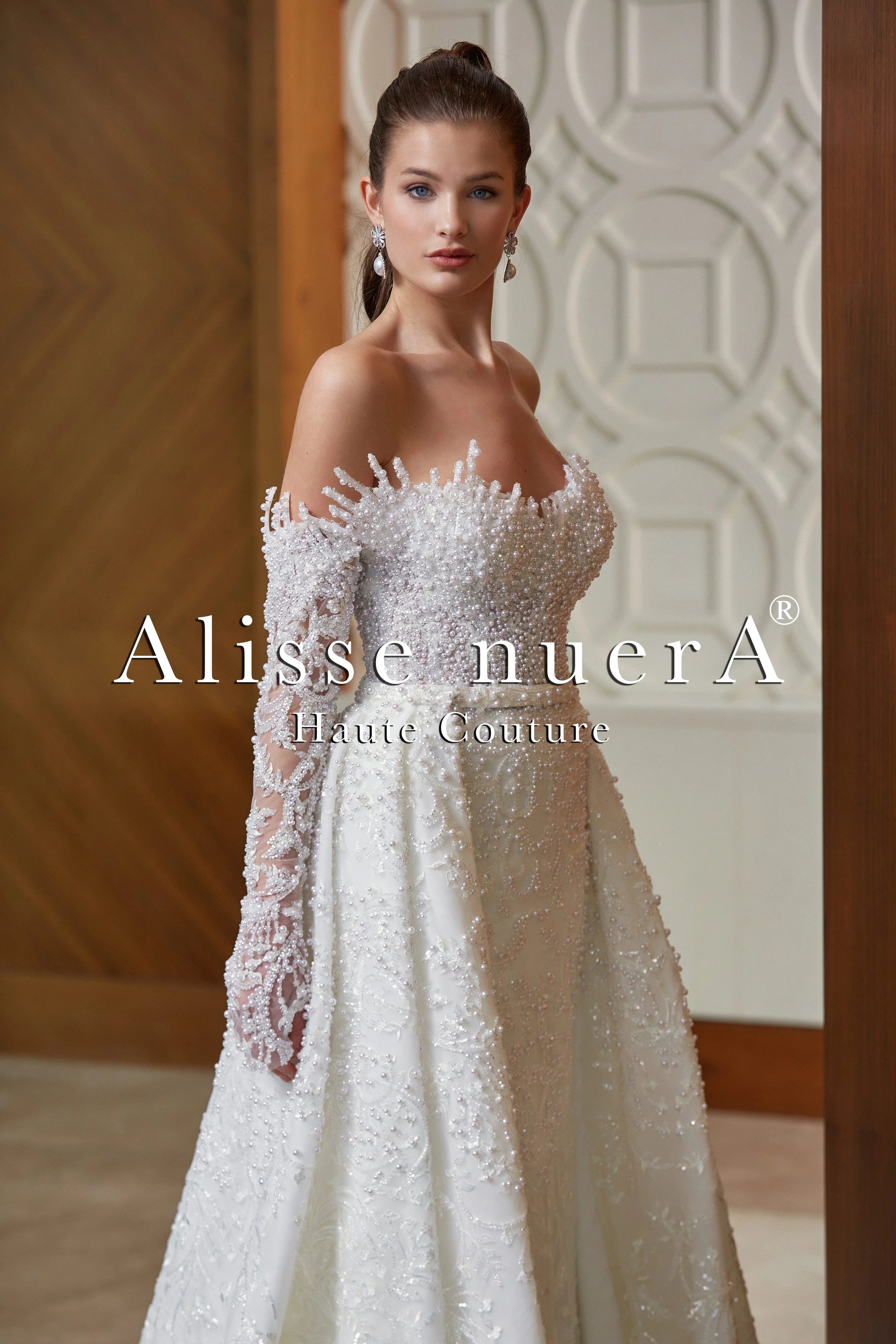 One Shoulder Long Sleeve Pearl Beaded Column Bridal Dress with Satin Overskirt Alisse nuerA Alisse Bridal