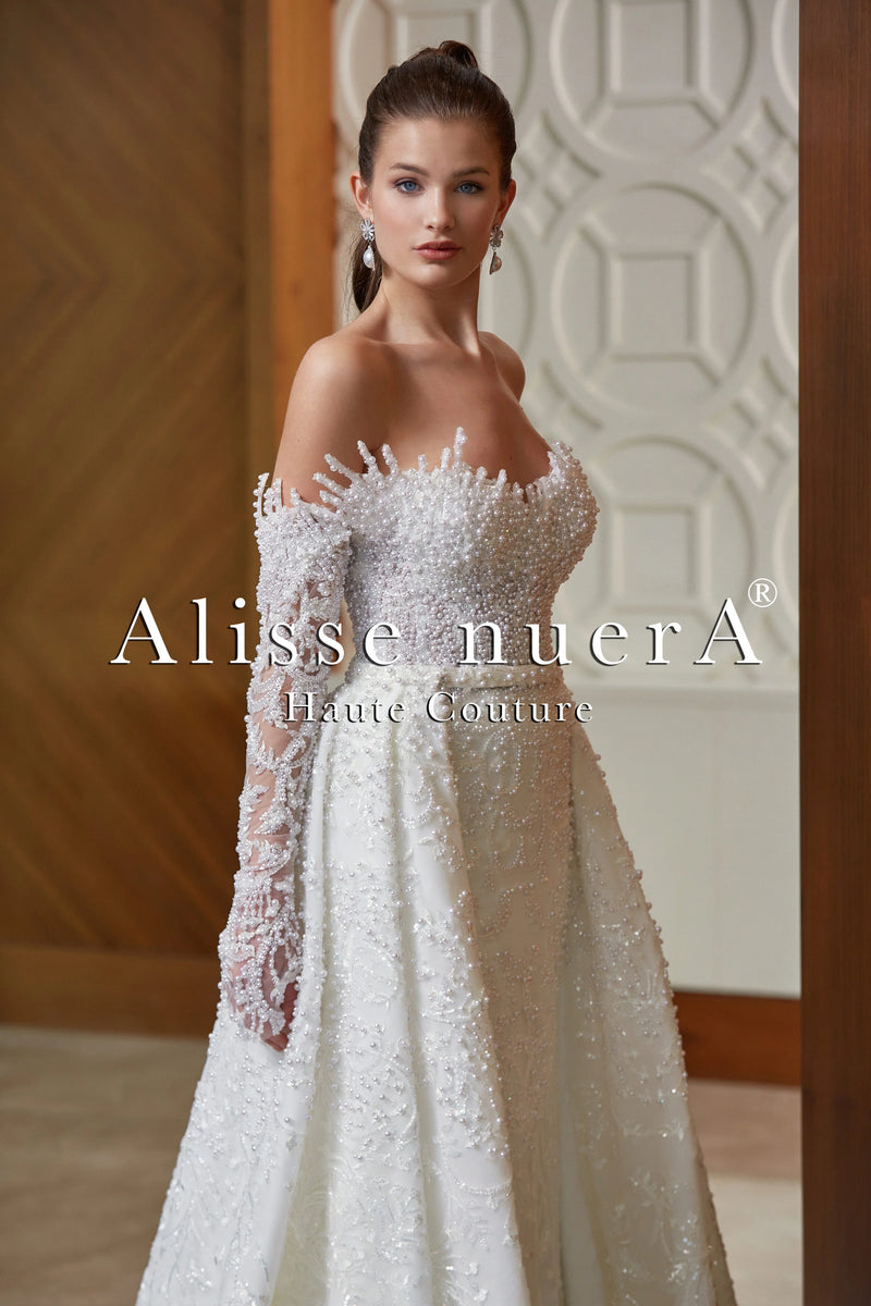 Glamorous Long One Shoulder Pearl Wedding Dress Overskirt Bridal Gowns main image 0