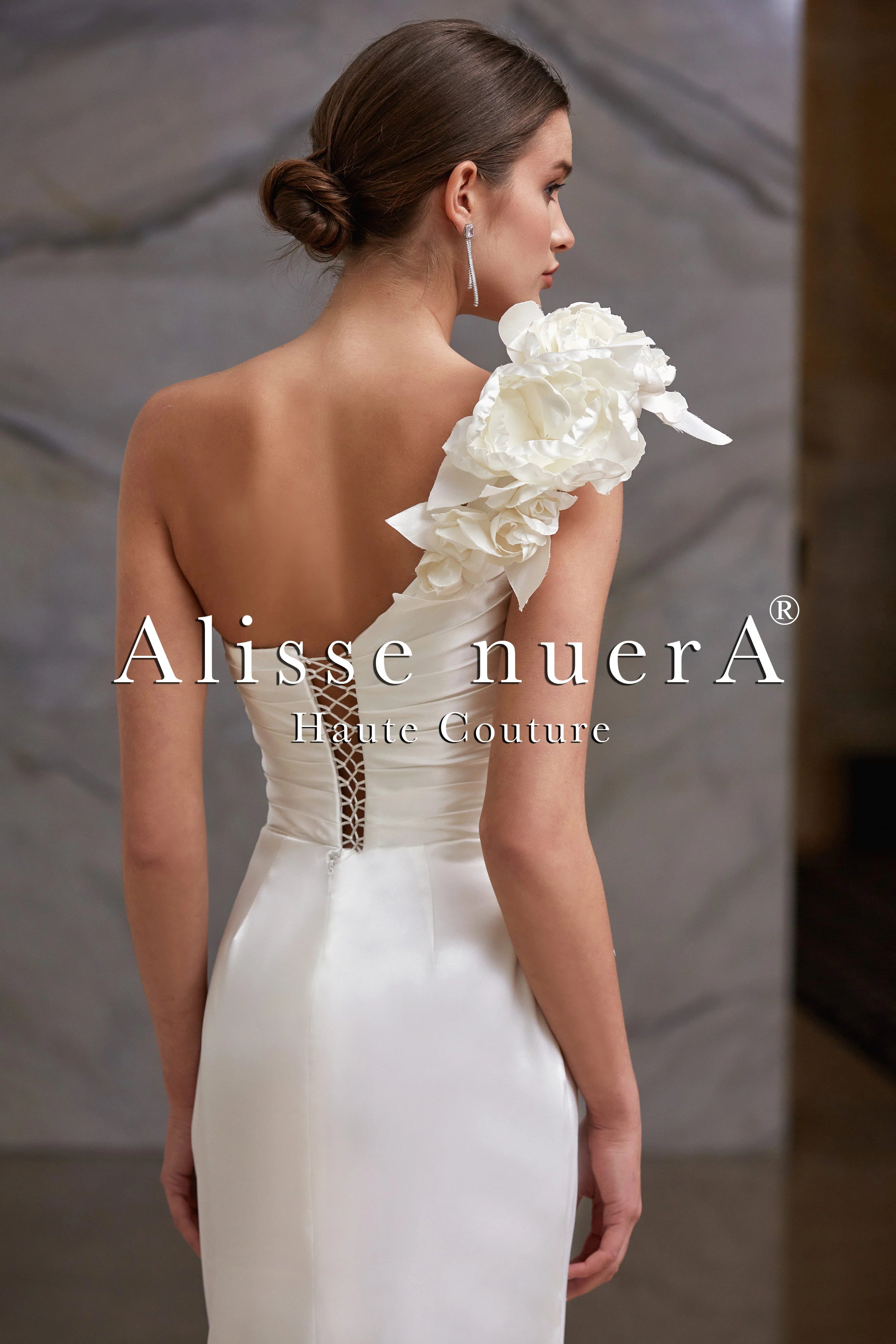 one shoulder bridal dress One Shoulder Satin Leg Slit Draped Pencil Wedding Dress