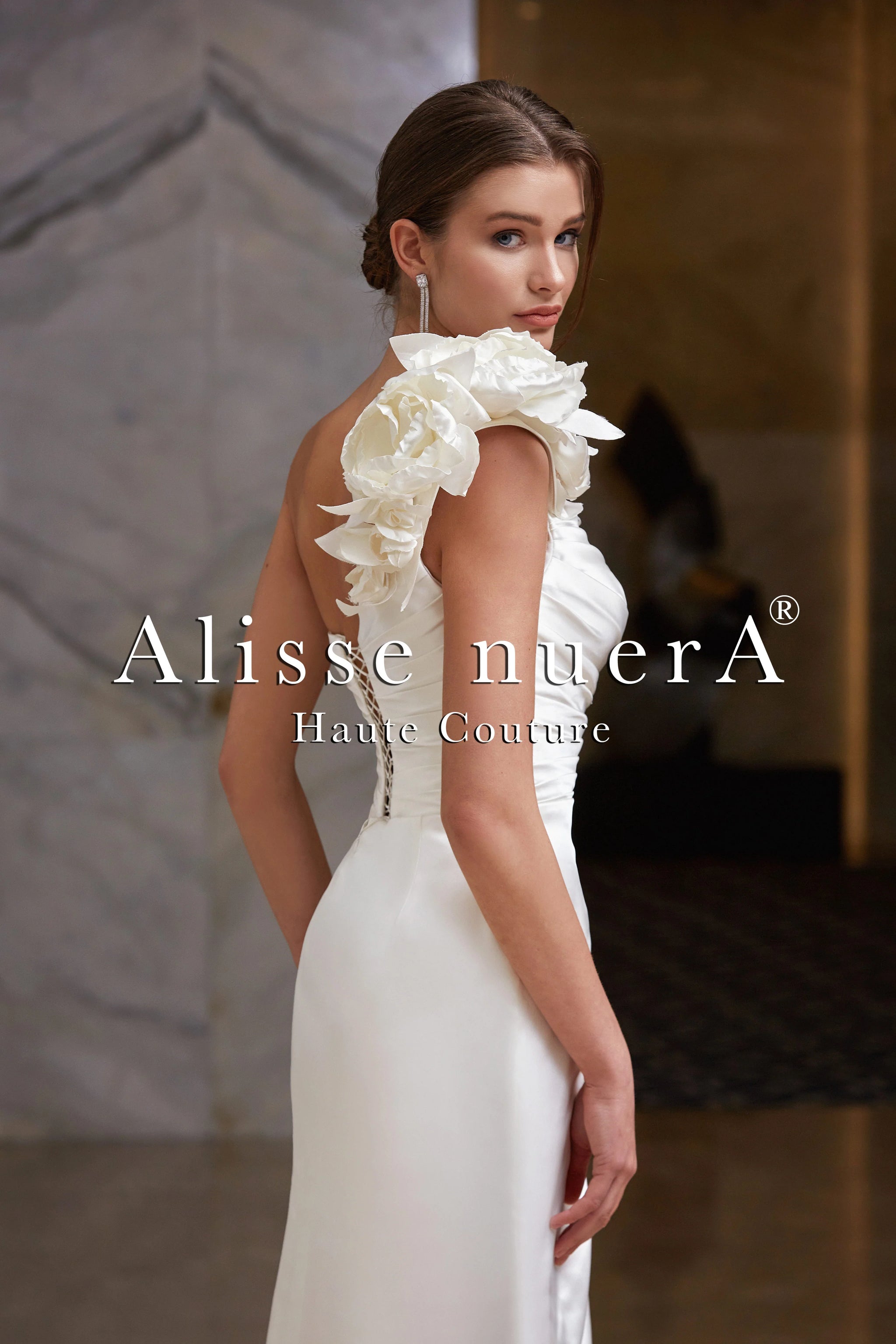 One Shoulder Satin Leg Slit Draped Pencil Wedding Dress