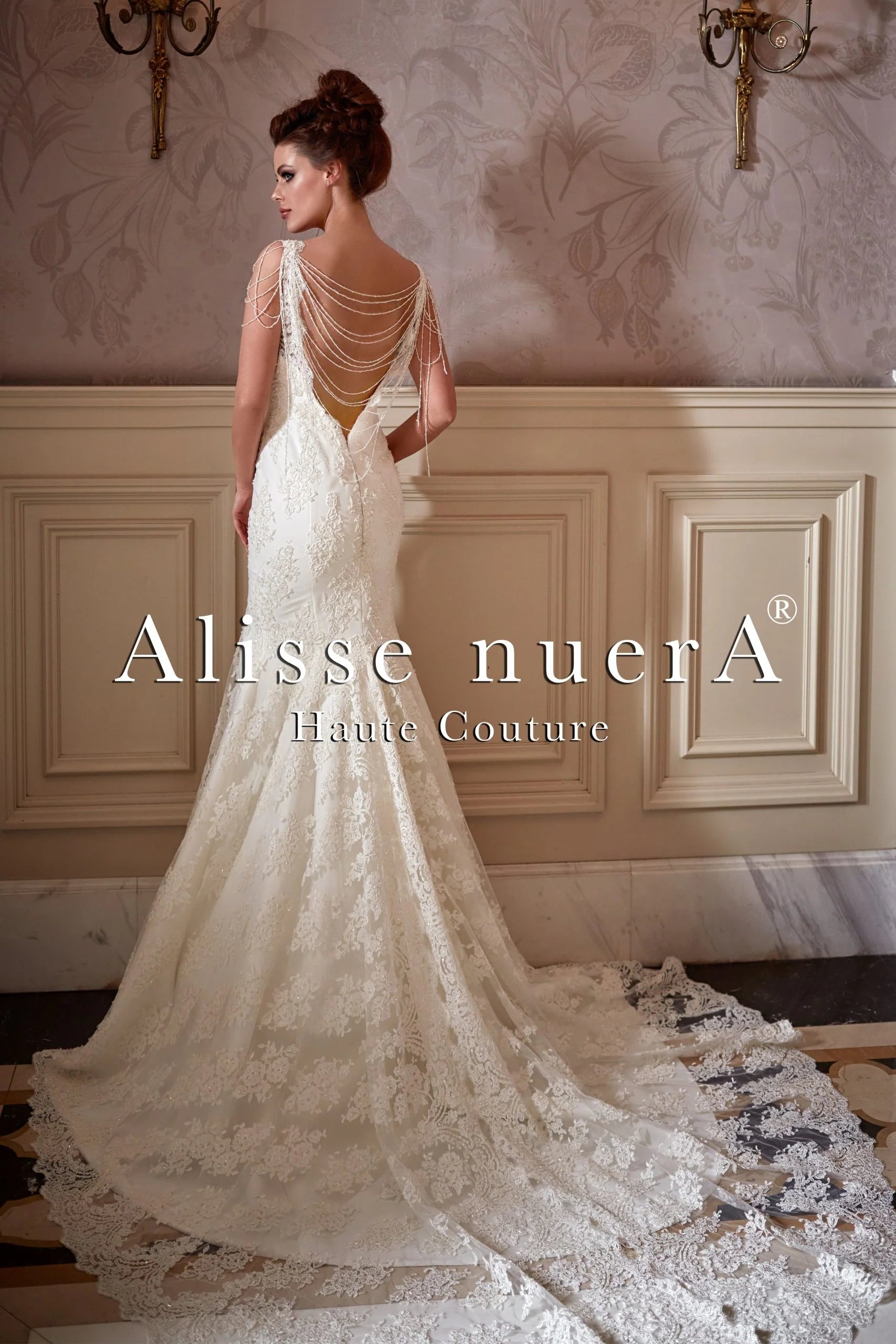Open Back Spaghetti Strap Lace Bridal Dress with Back Drop Pearl Stones - Alisse Bridal Off White / Lace / 30 Open Back Spaghetti Strap Lace Bridal Dress with Back Drop Pearl Stones - Alisse Bridal Off White / Lace / 30