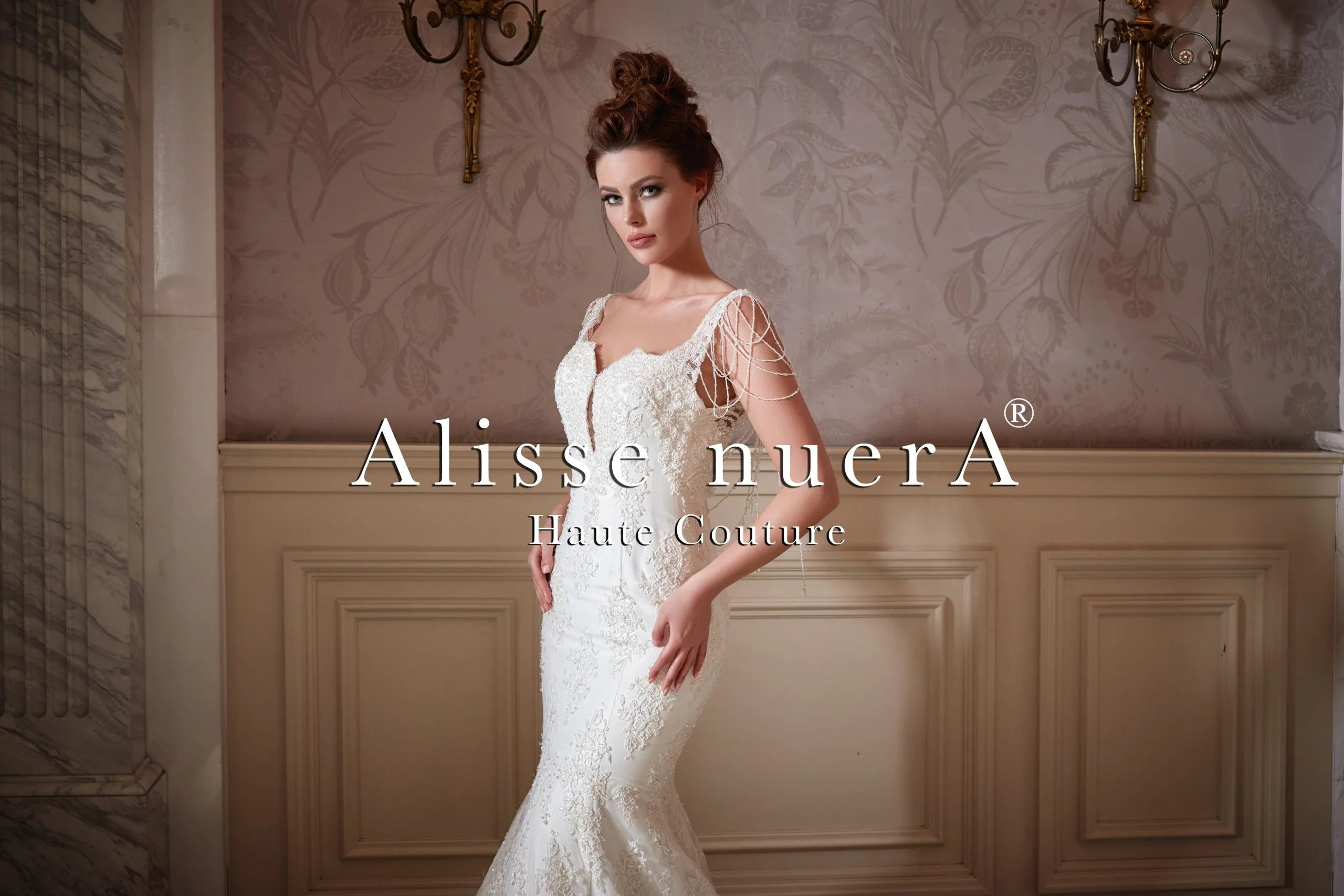 Open Back Spaghetti Strap Lace Bridal Dress with Back Drop Pearl Stones - Alisse Bridal Off White / Lace / 30 Open Back Spaghetti Strap Lace Bridal Dress with Back Drop Pearl Stones - Alisse Bridal Off White / Lace / 30