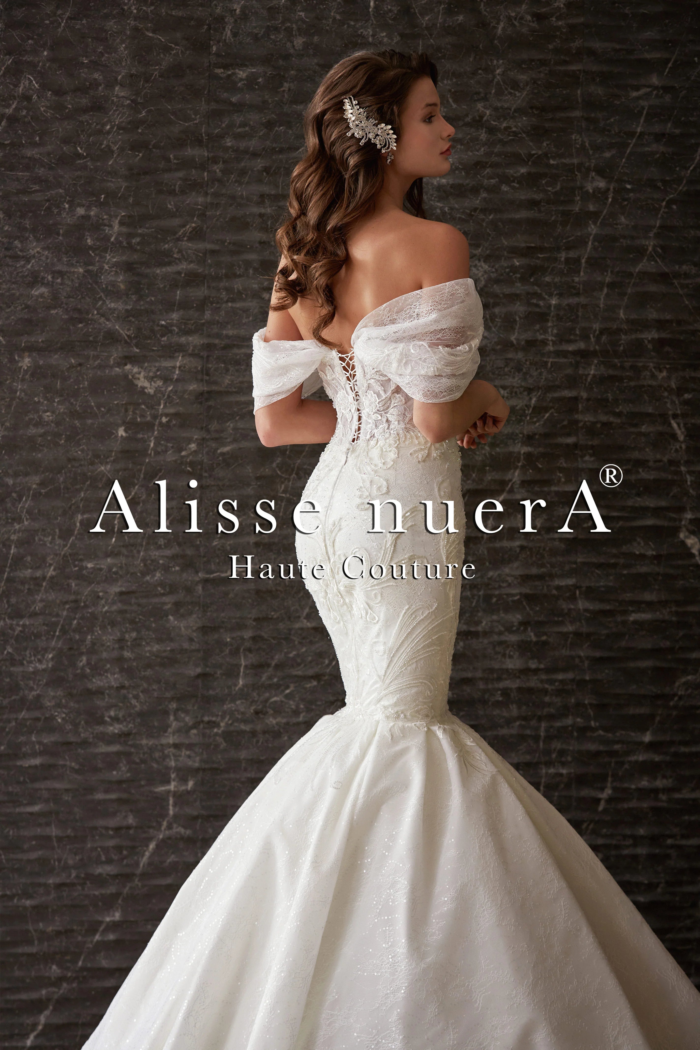 Open Shoulder Swag Sleeve Pleated Mermaid Wedding Dress Open Shoulder Swag Sleeve Pleated Mermaid Wedding Dress