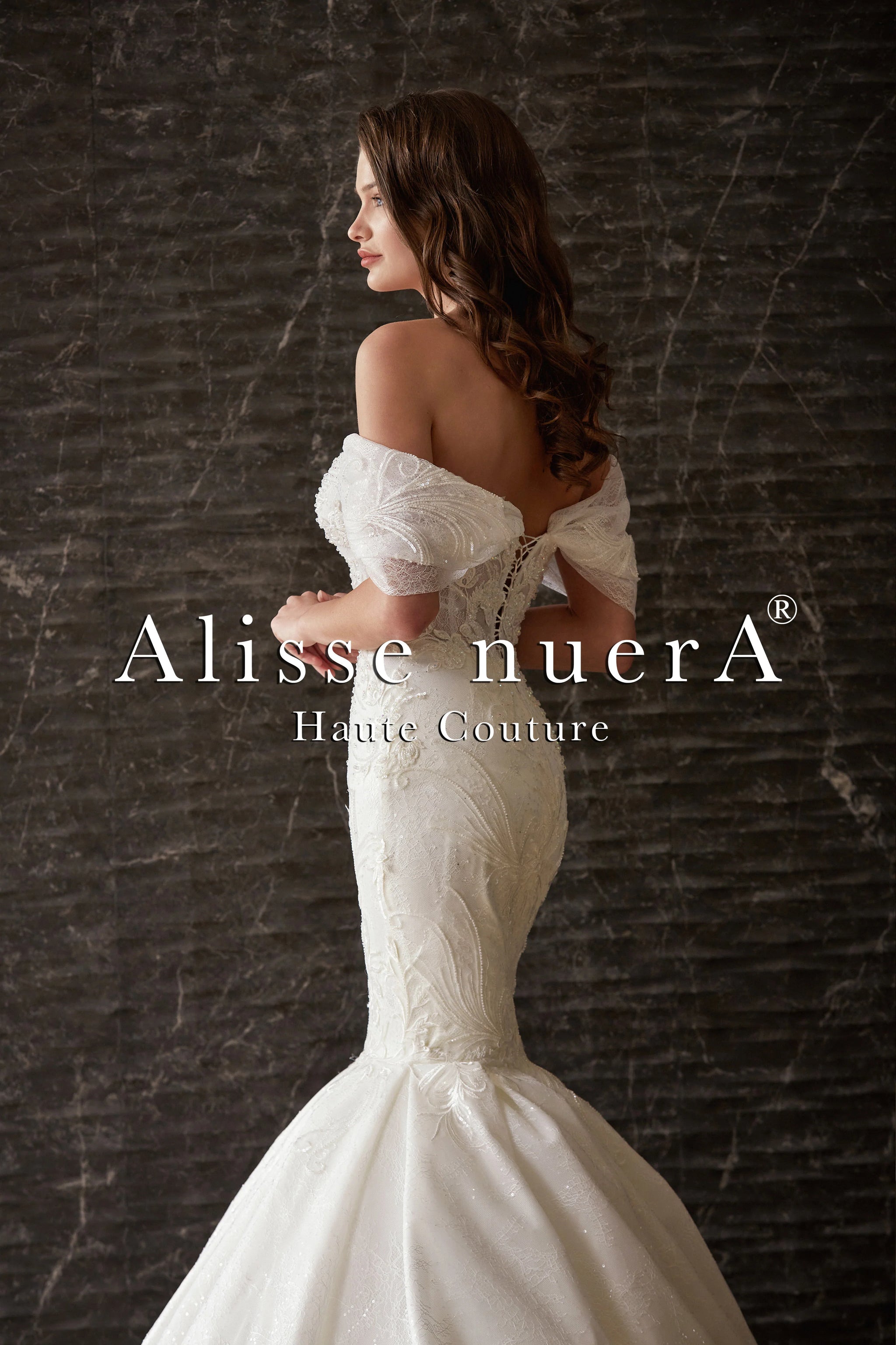 Open Shoulder Swag Sleeve Pleated Mermaid Wedding Dress - Alisse Bridal Off White / Lace / 18
