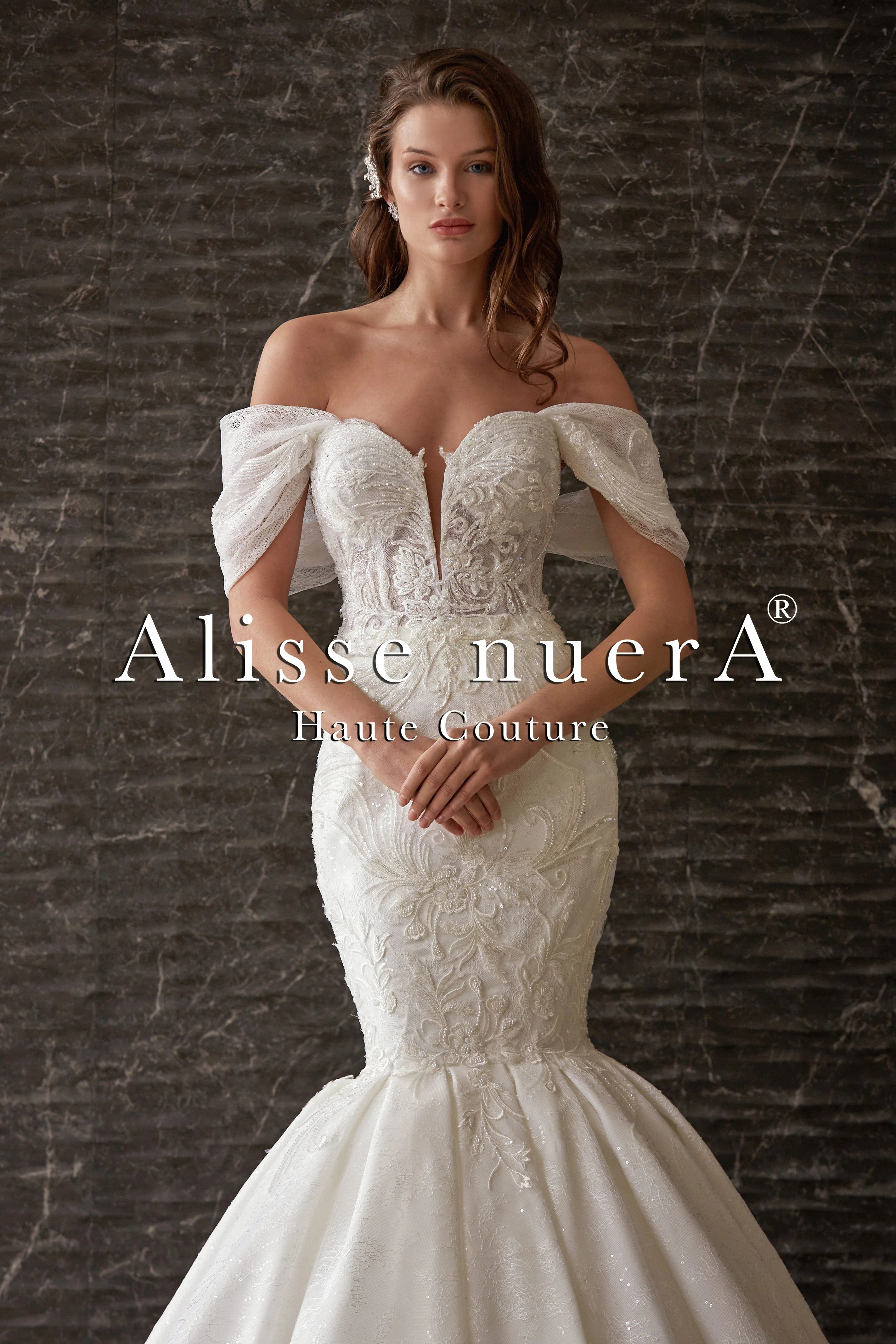 Open Shoulder Swag Sleeve Pleated Mermaid Wedding Dress - Alisse Bridal Off White / Lace / 18 Open Shoulder Swag Sleeve Pleated Mermaid Wedding Dress - Alisse Bridal Off White / Lace / 18