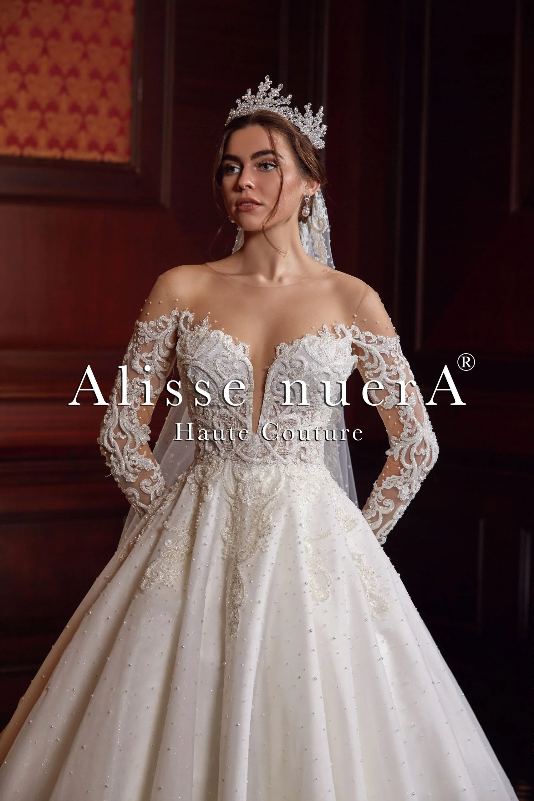 Pearl White Sparkling Bridal Dress with Pearl Stone Beaded Tulle Sleeves - Alisse Bridal Snow/Winter/Diamond White / Lace