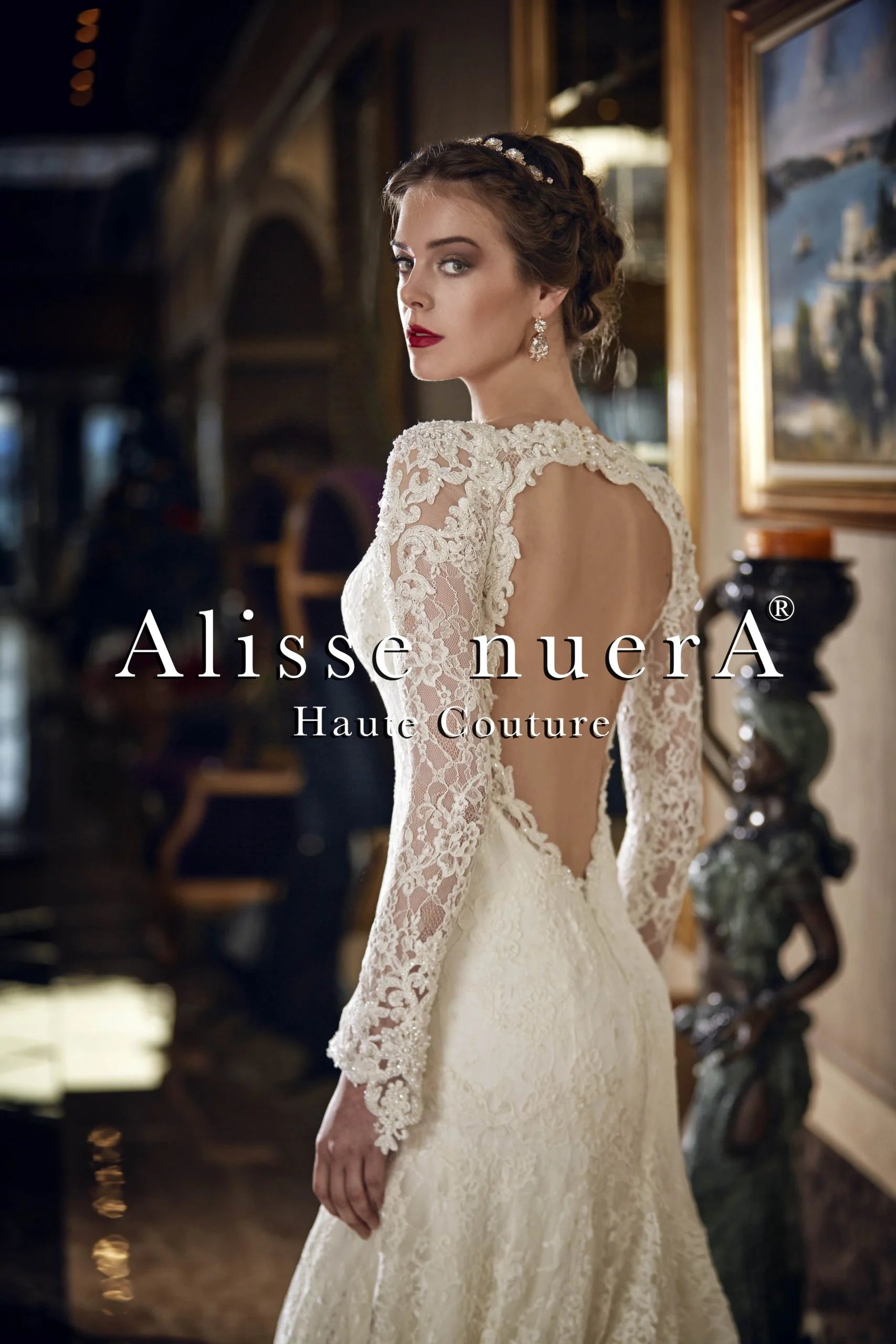 Plunging Neck Long Sleeve Wedding Dress with Back Decolletage - Alisse Bridal Ivory / Lace / 30 Plunging Neck Long Sleeve Wedding Dress with Back Decolletage - Alisse Bridal Ivory / Lace / 30