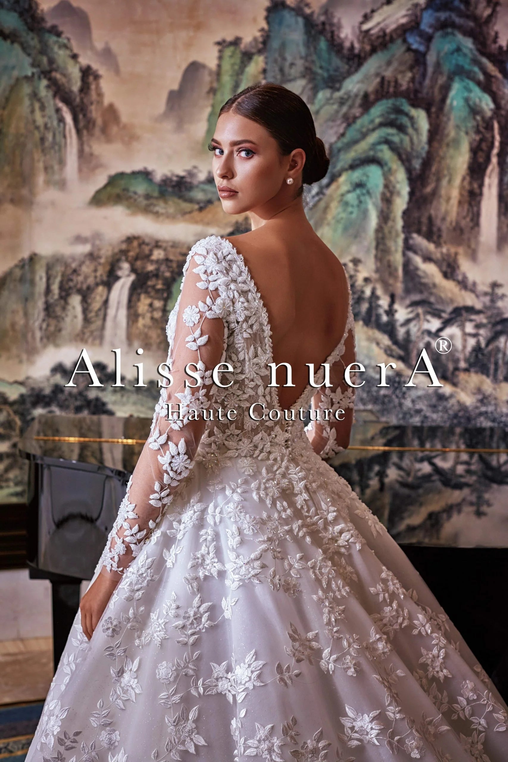 Plunging V Neck Winter White Floral A Line Wedding Dress with Transparent Tulle Sleeve - Alisse Bridal Snow/Winter/Diamond White / Lace / 14 Plunging V Neck Winter White Floral A Line Wedding Dress with Transparent Tulle Sleeve - Alisse Bridal Snow/Winter/Diamond White / Lace / 14