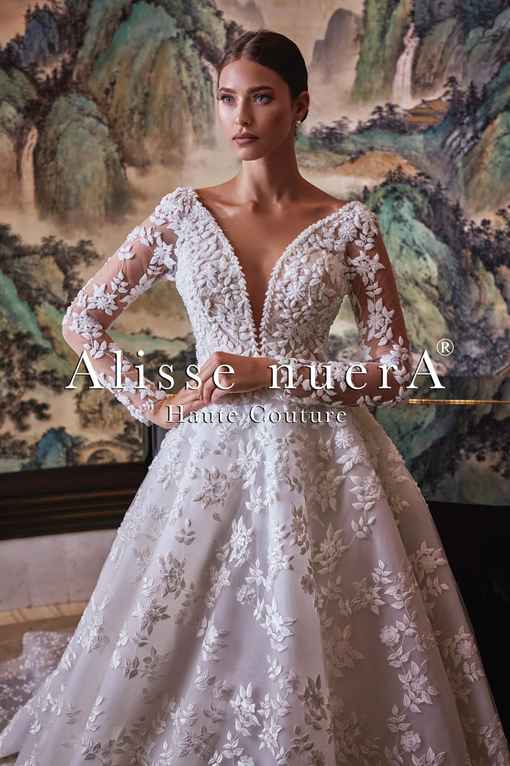 Plunging V Neck Winter White Floral A Line Wedding Dress with Transparent Tulle Sleeve - Alisse Bridal Snow/Winter/Diamond White / Lace / 14 Plunging V Neck Winter White Floral A Line Wedding Dress with Transparent Tulle Sleeve - Alisse Bridal Snow/Winter/Diamond White / Lace / 14