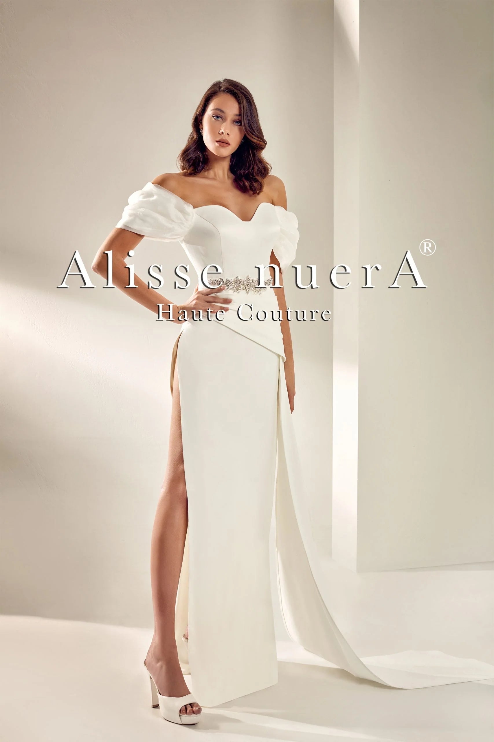 puff sleeve off the shoulder wedding dress Ava Off-the-Shoulder Wedding Dress with Puff Sleeves