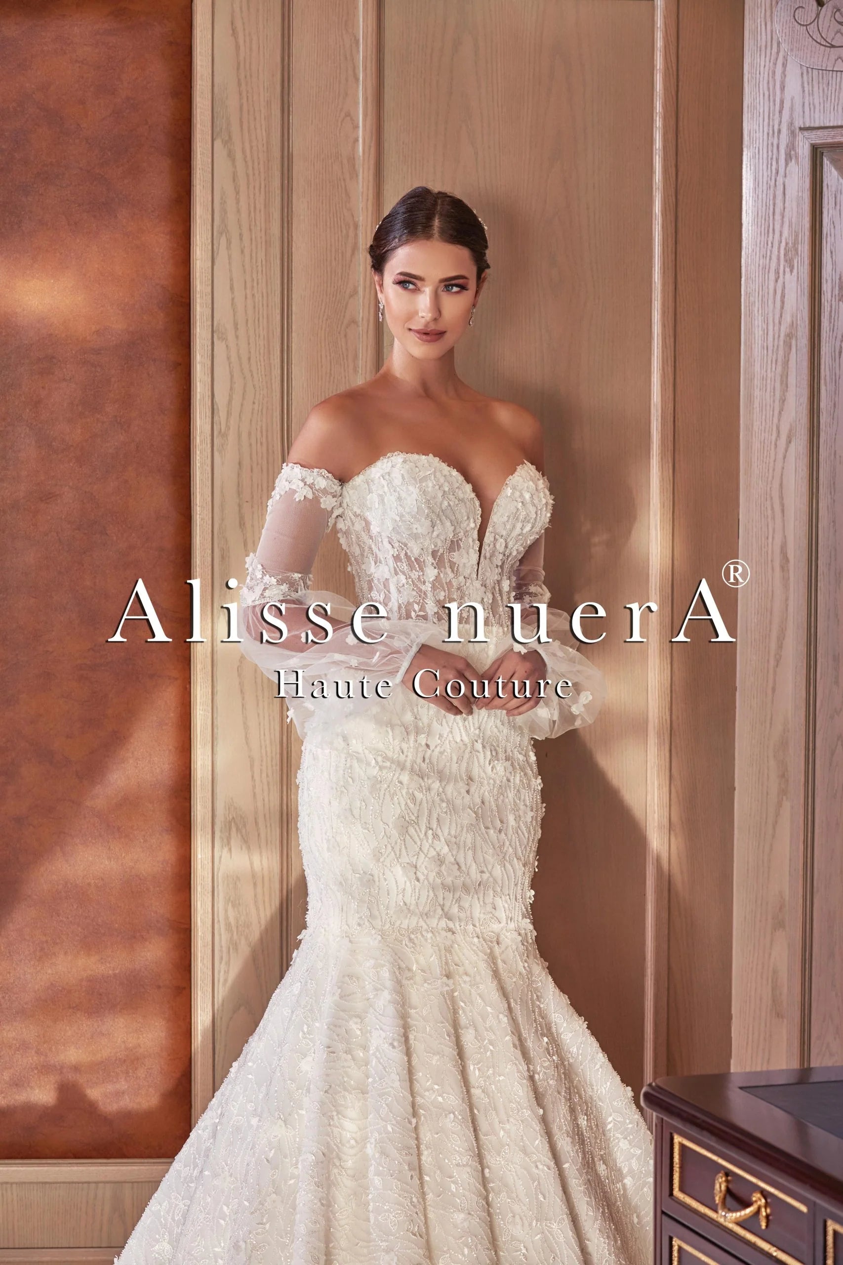 Removable Bishop Sleeve Trumpet Skirt Wedding Gown with Long Train - Alisse Bridal Off White / Lace / 8 Removable Bishop Sleeve Trumpet Skirt Wedding Gown with Long Train - Alisse Bridal Off White / Lace / 8