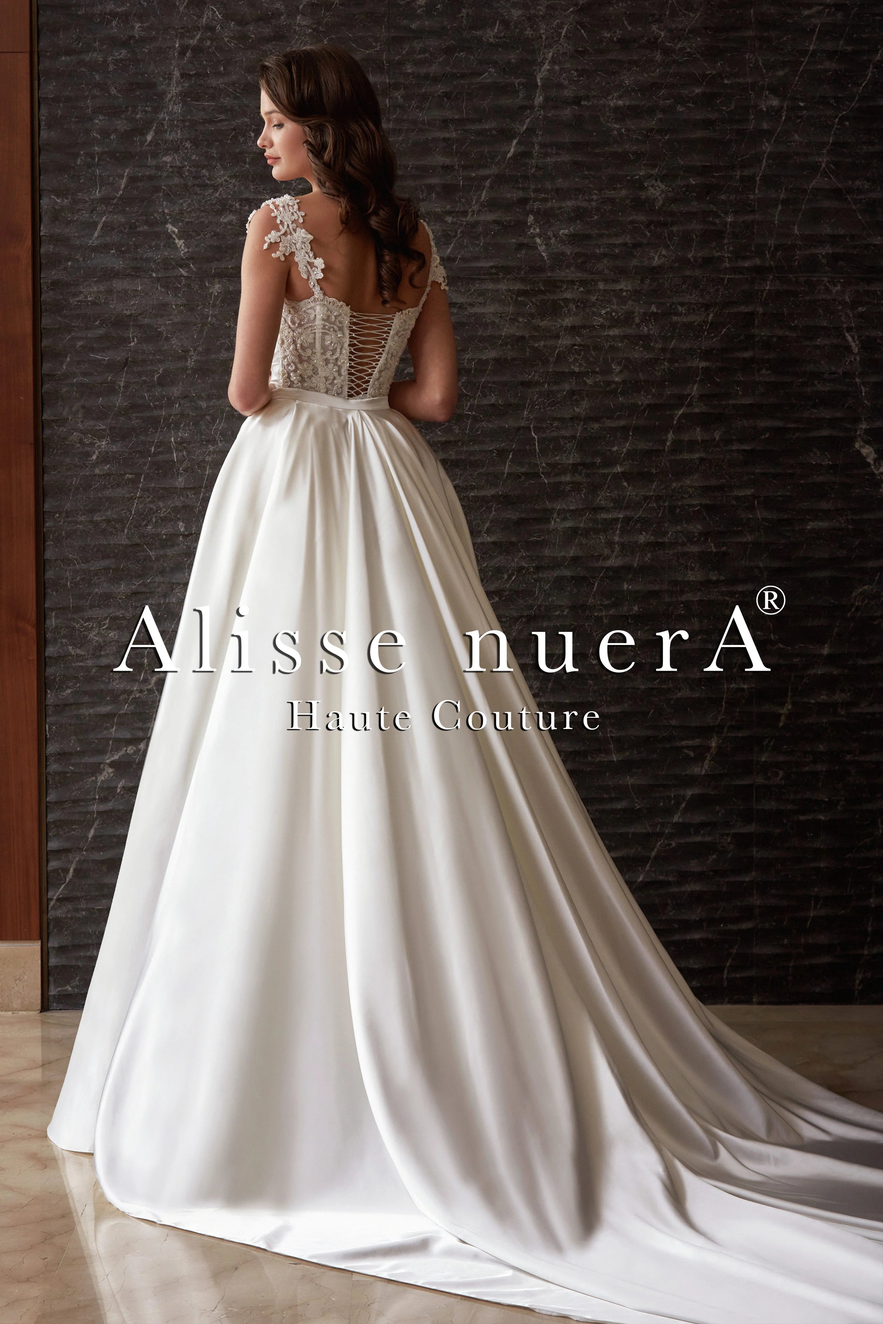 Satin Draped & Applique Lace Wedding Dress Detachable Long Train - Alisse Bridal Ivory / Satin / Lace / 28 Satin Draped & Applique Lace Wedding Dress Detachable Long Train - Alisse Bridal Ivory / Satin / Lace / 28