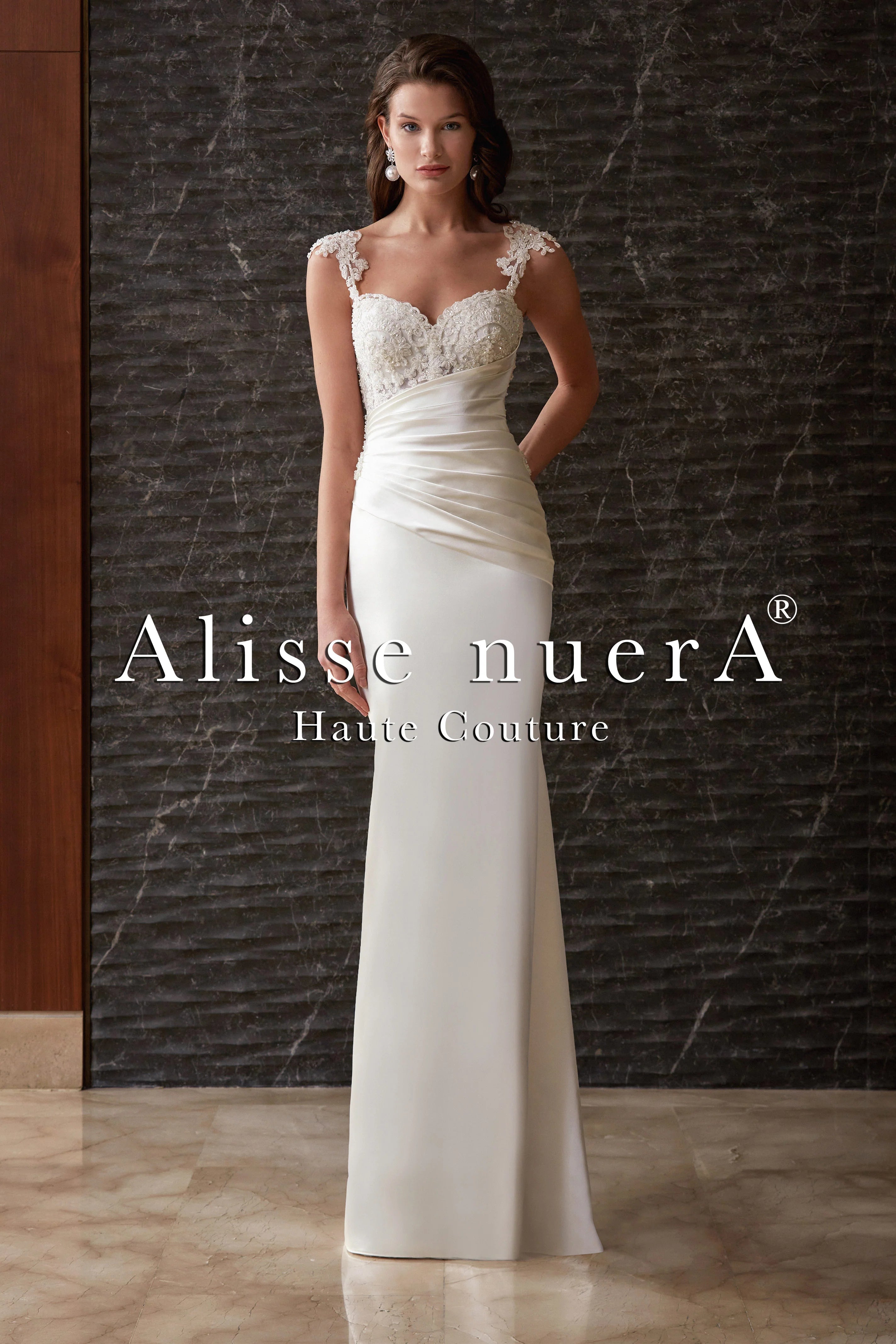 Satin Draped & Applique Lace Wedding Dress Detachable Long Train - Alisse Bridal Ivory / Satin / Lace / 28 Satin Draped & Applique Lace Wedding Dress Detachable Long Train - Alisse Bridal Ivory / Satin / Lace / 28