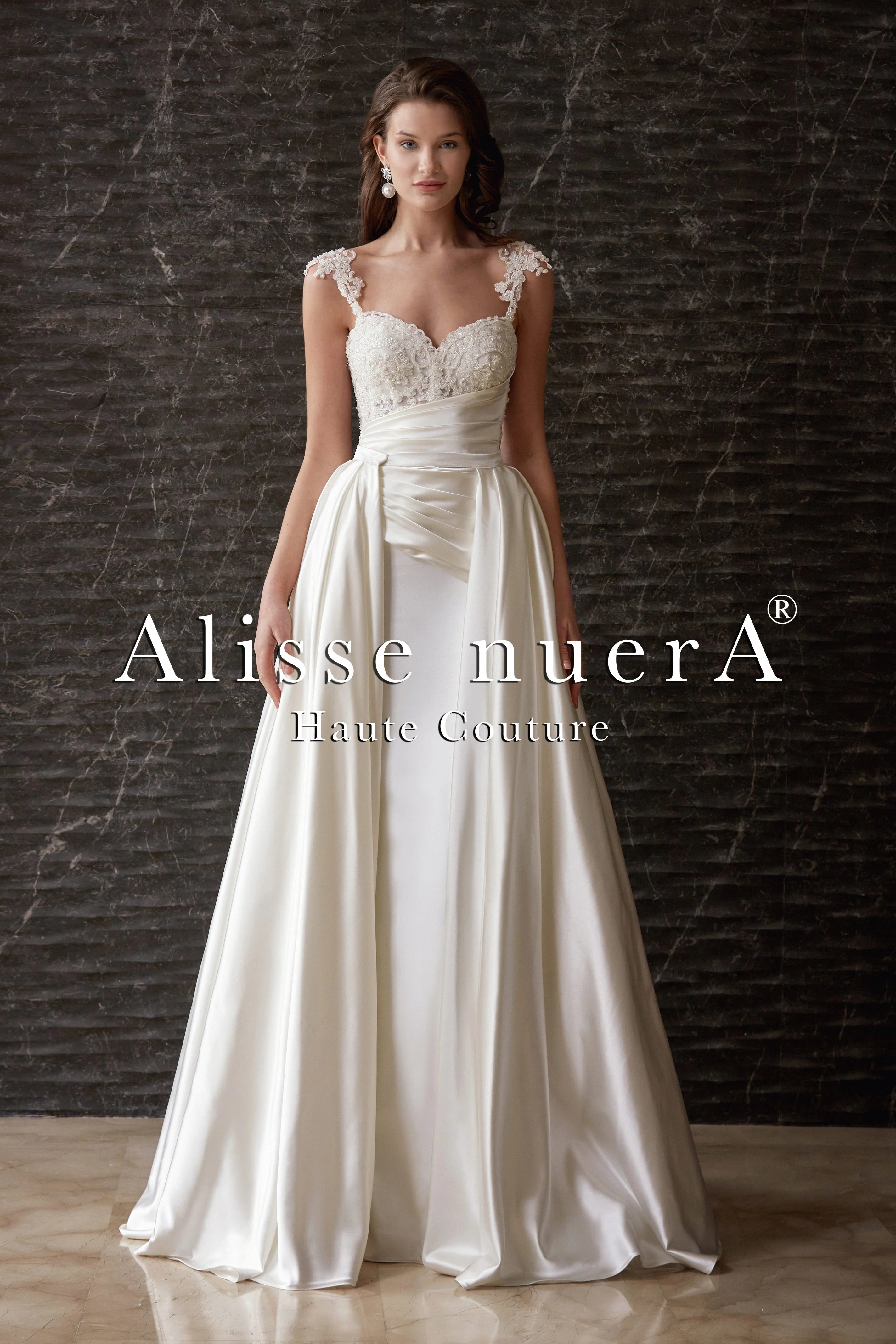 Satin Draped & Applique Lace Wedding Dress Detachable Long Train - Alisse Bridal Ivory / Satin / Lace / 28 Satin Draped & Applique Lace Wedding Dress Detachable Long Train - Alisse Bridal Ivory / Satin / Lace / 28