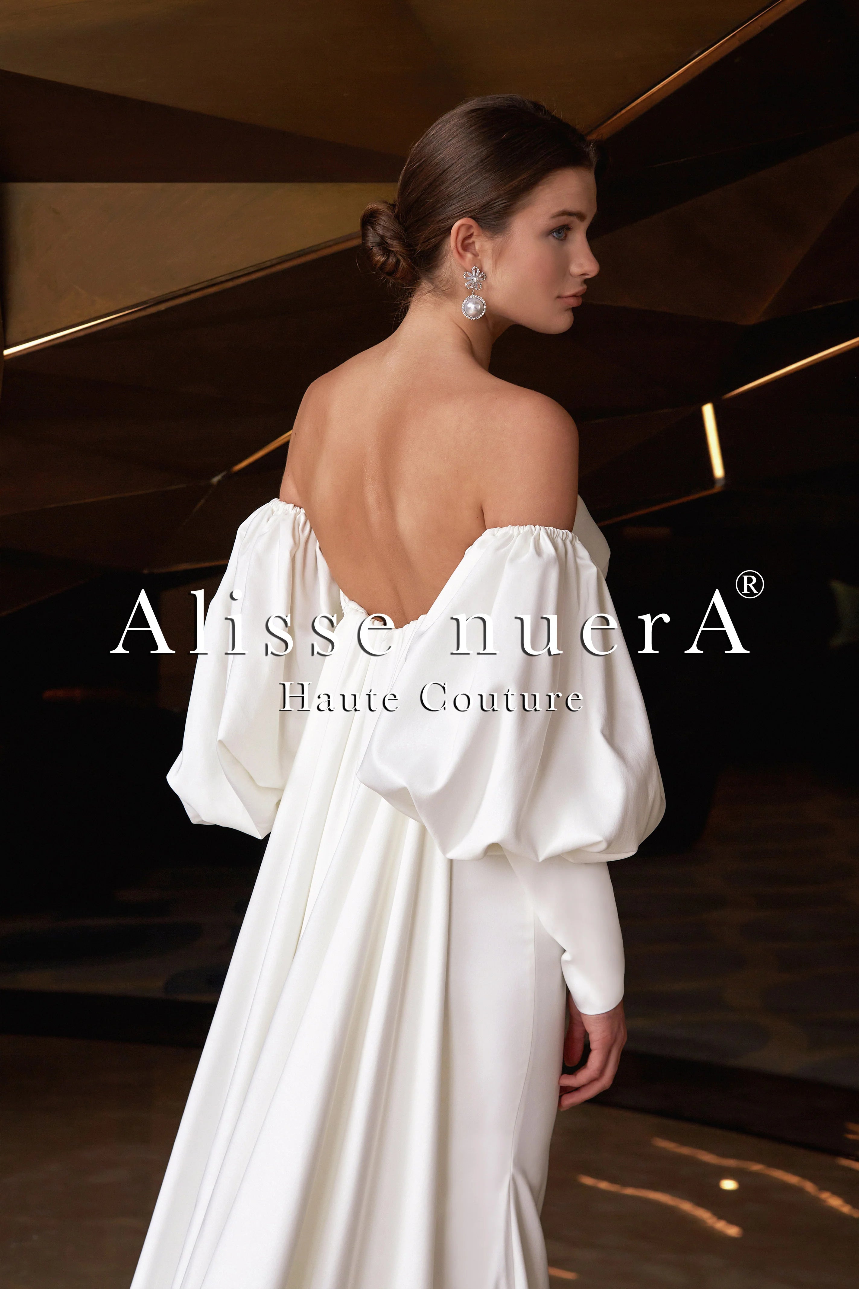 Satin Watteau Wedding Dress with Removable Bishop Sleeve - Alisse Bridal Off White / Satin / 14 Satin Watteau Wedding Dress with Removable Bishop Sleeve - Alisse Bridal Off White / Satin / 14