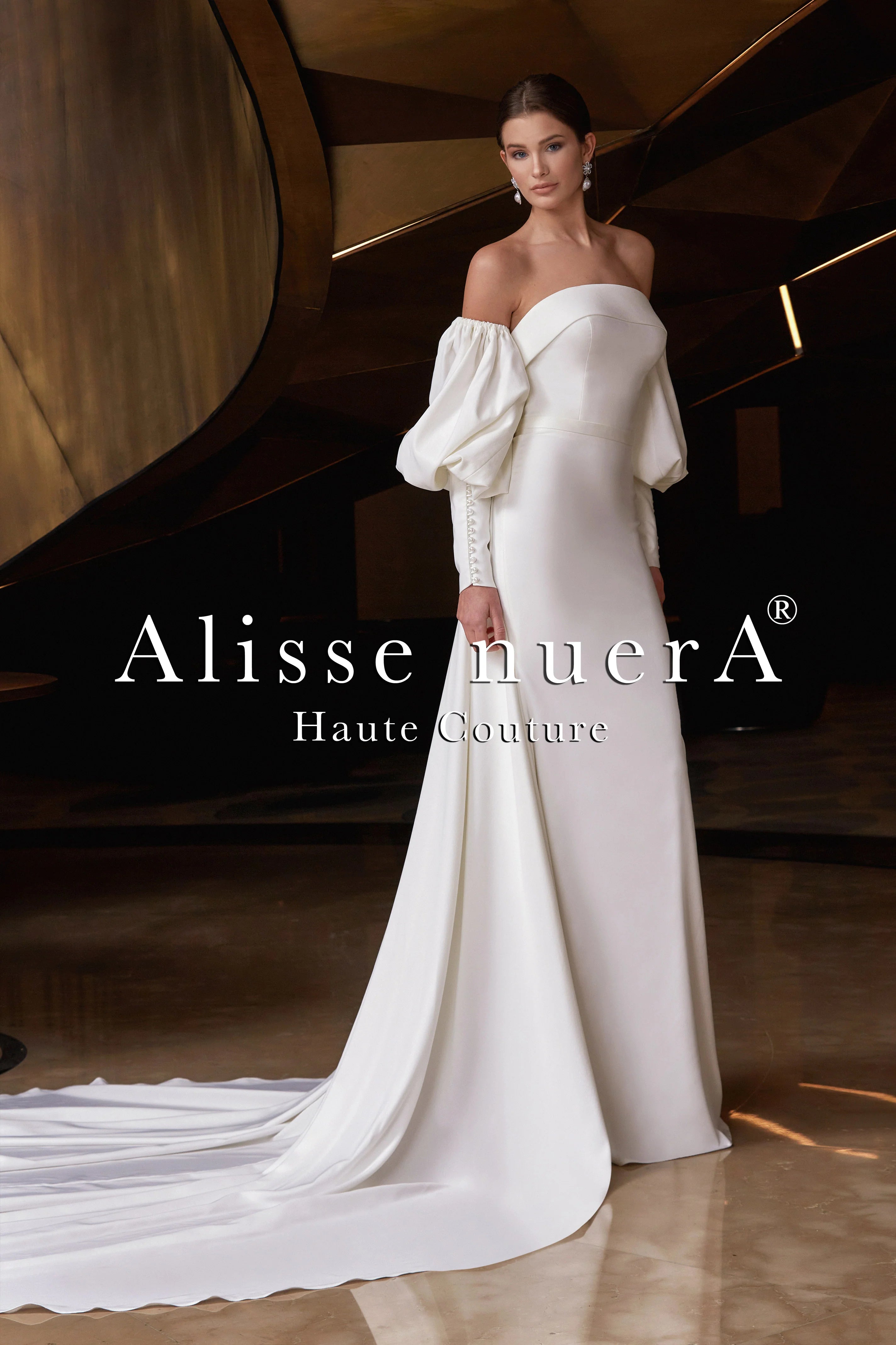 Satin Watteau Wedding Dress with Removable Bishop Sleeve - Alisse Bridal Off White / Satin / 14 Satin Watteau Wedding Dress with Removable Bishop Sleeve - Alisse Bridal Off White / Satin / 14