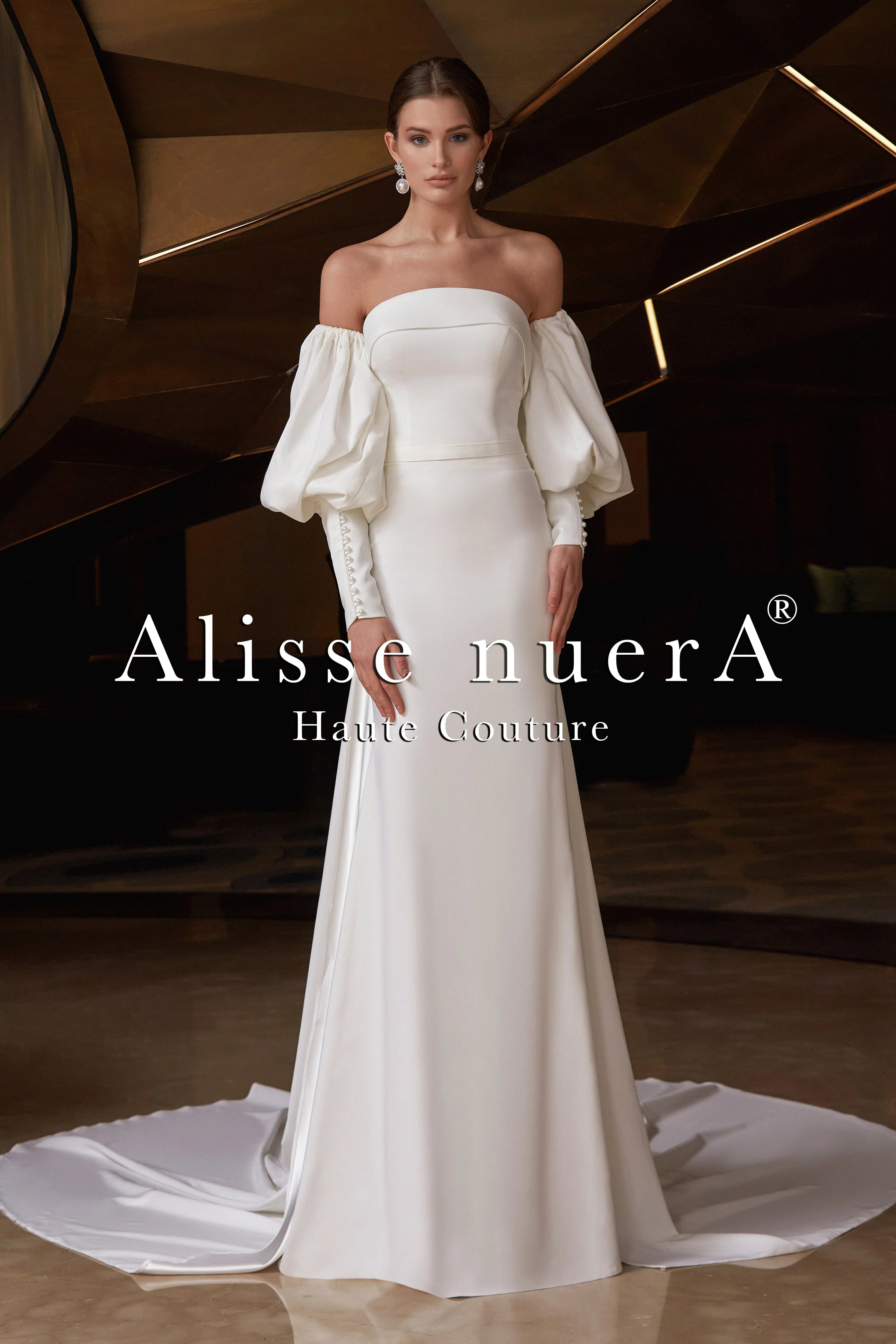 white silk long sleeve wedding dress Simple Long Sleeves Ivory Satin Modest Wedding Dresses V Neck Back US4 / Custom Color