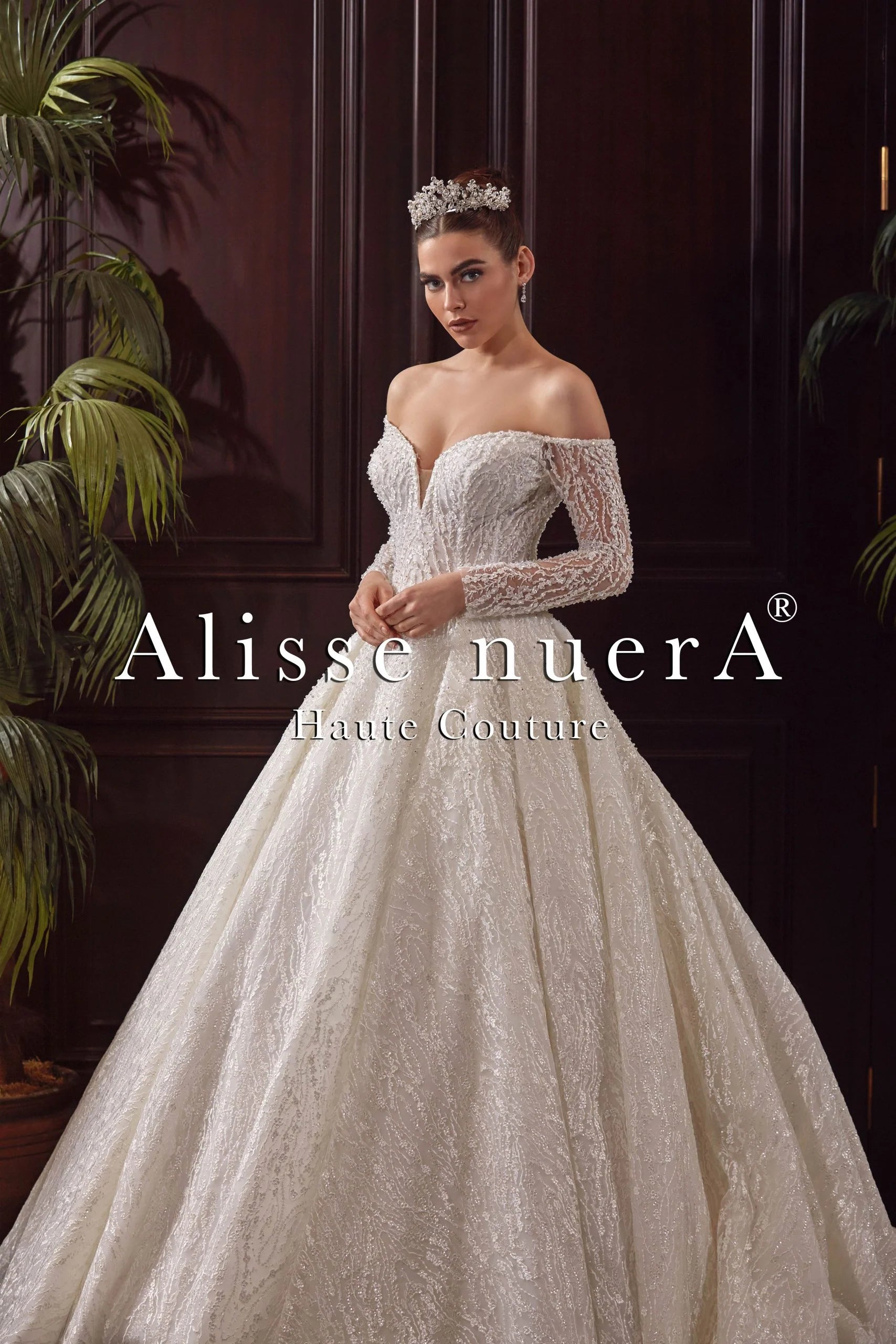 Sequined A Line Wedding Dress with Off Shoulder Long Sleeves - Alisse Bridal Sequined A Line Wedding Dress with Off Shoulder Long Sleeves - Alisse Bridal