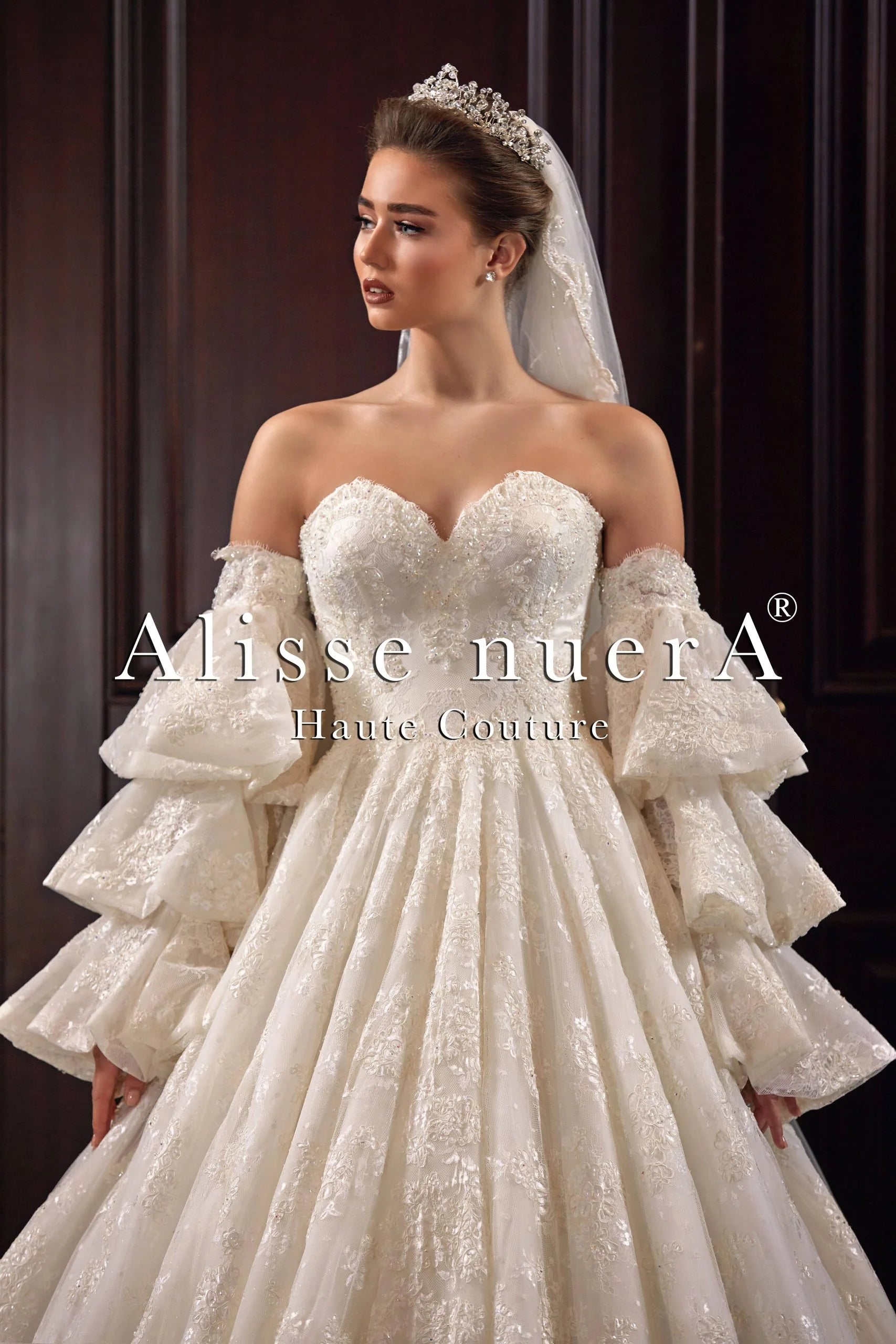 Shimmering Lace Wedding Dress A Line Silhouette with Removable Layered Long Sleeve - Alisse Bridal Shimmering Lace Wedding Dress A Line Silhouette with Removable Layered Long Sleeve - Alisse Bridal