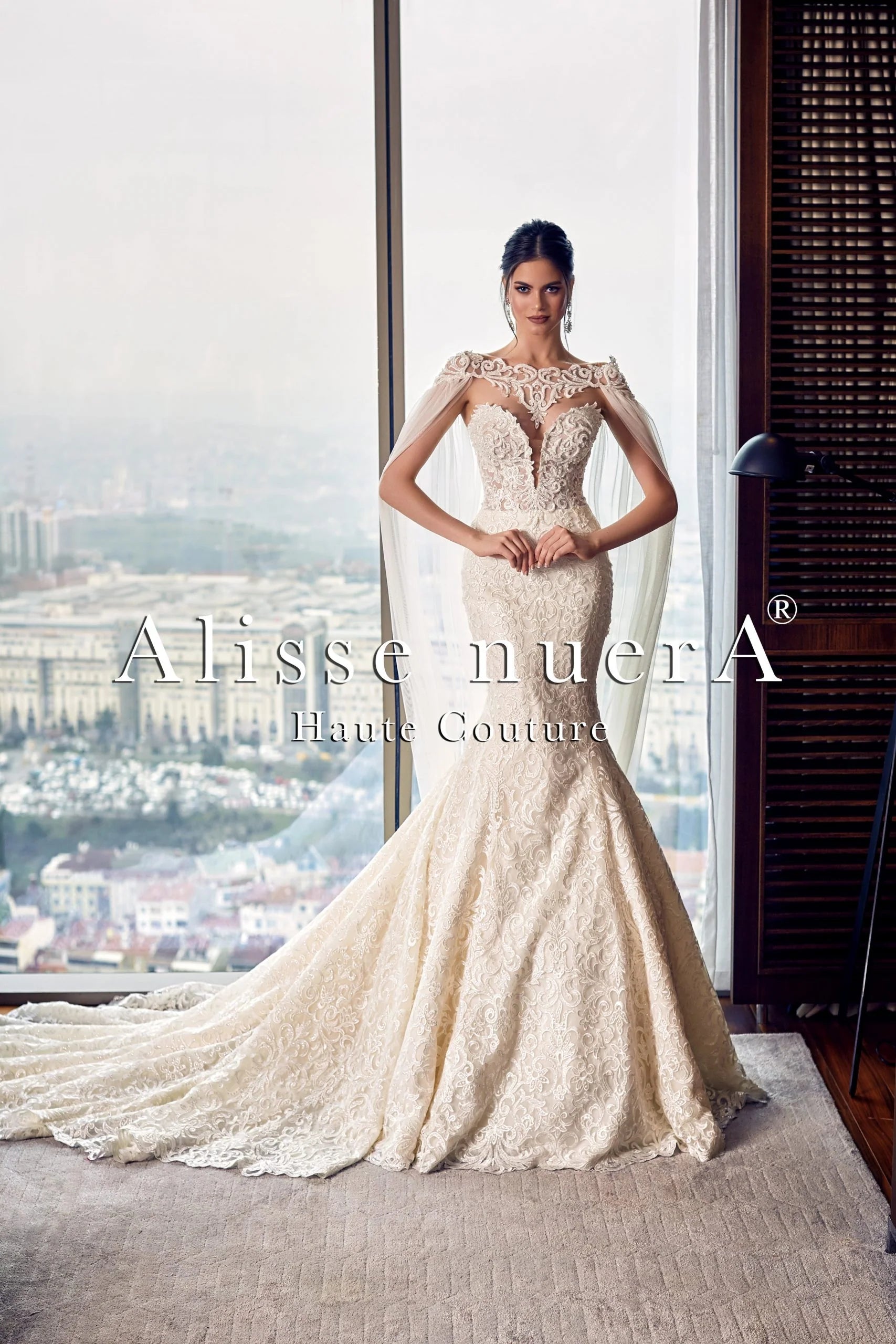 Shoulder Cape Veil Mermaid Bridal Gown Beaded with Crystal Stones - Alisse Bridal Ivory / Lace / 2 Shoulder Cape Veil Mermaid Bridal Gown Beaded with Crystal Stones - Alisse Bridal Ivory / Lace / 2