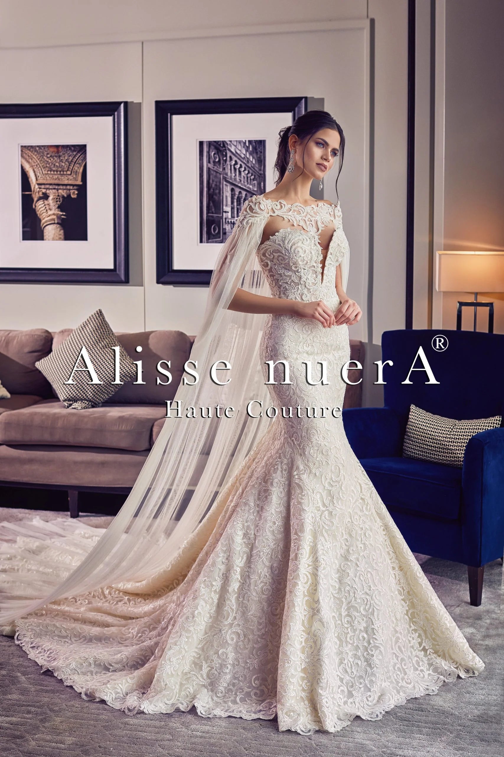 Shoulder Cape Veil Mermaid Bridal Gown Beaded with Crystal Stones - Alisse Bridal Ivory / Lace / 2 Shoulder Cape Veil Mermaid Bridal Gown Beaded with Crystal Stones - Alisse Bridal Ivory / Lace / 2
