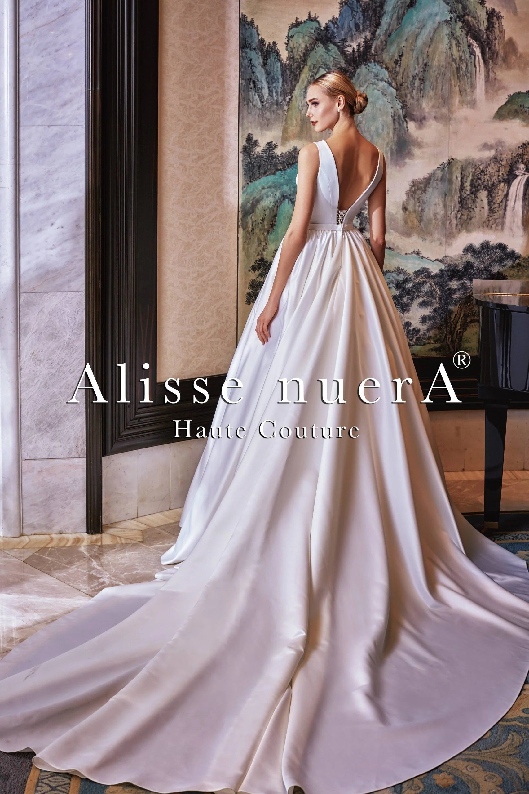 Simple Boat Neck Satin Pleated Wedding Dress with Long Train - Alisse Bridal Snow/Winter/Diamond White / Satin / 4 Simple Boat Neck Satin Pleated Wedding Dress with Long Train - Alisse Bridal Snow/Winter/Diamond White / Satin / 4