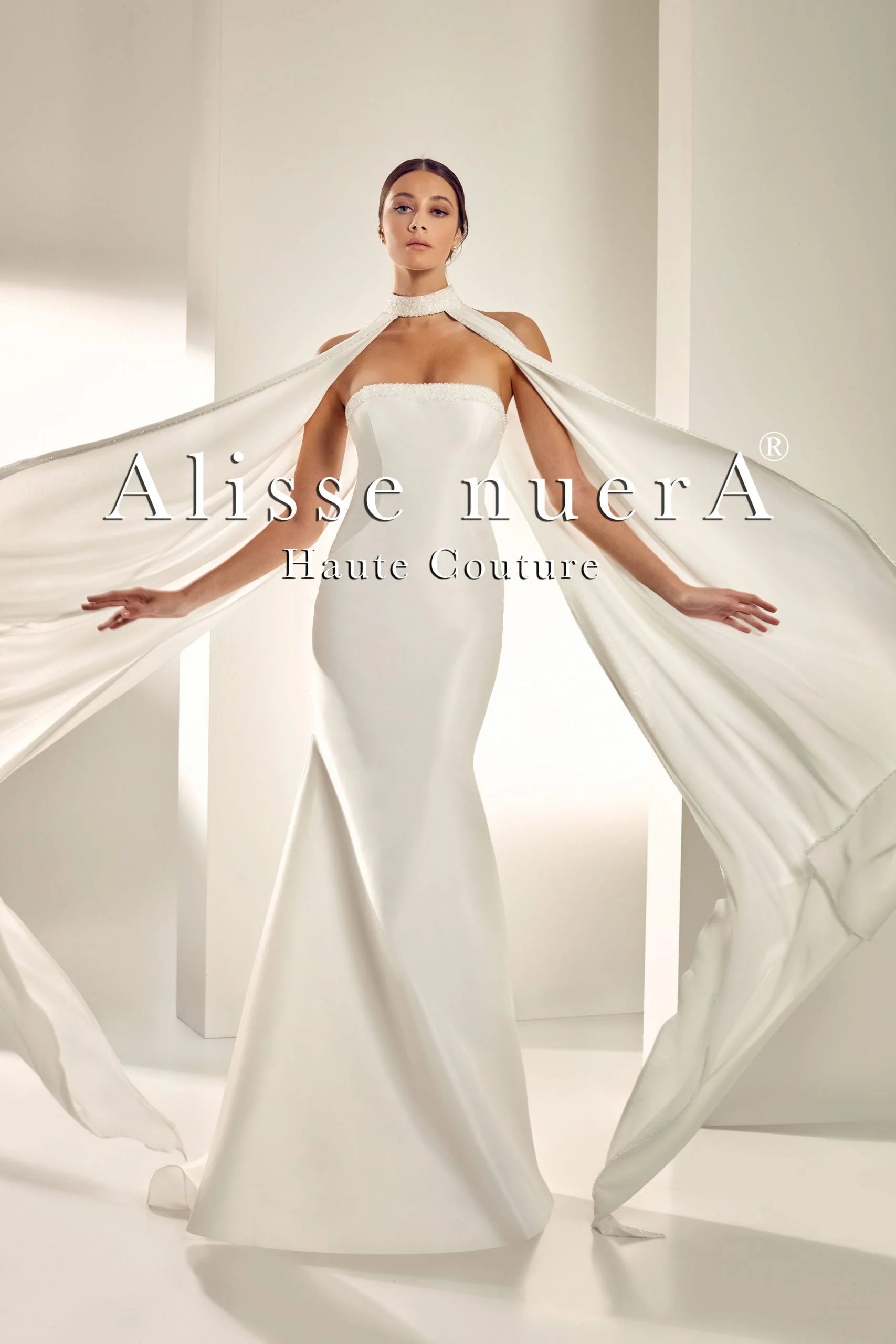 Simple Bridal Gown with High Neck Floor Length Flare Chiffon Bridal Cape - Alisse Bridal Simple Bridal Gown with High Neck Floor Length Flare Chiffon Bridal Cape - Alisse Bridal