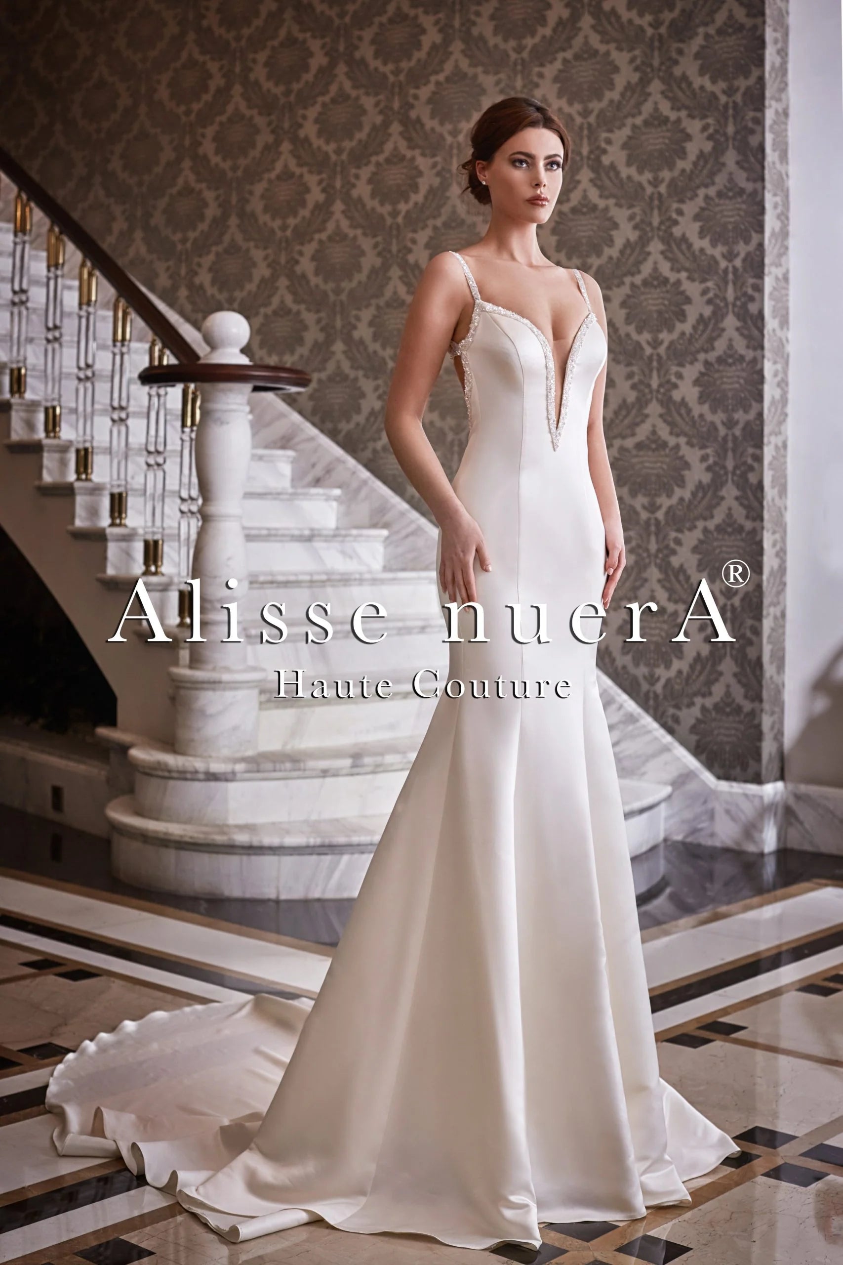 Spaghetti Strap V Neck Satin Mermaid Wedding Dress with Sparkling Bridal Cape - Alisse Bridal Off White / Satin / 26 Spaghetti Strap V Neck Satin Mermaid Wedding Dress with Sparkling Bridal Cape - Alisse Bridal Off White / Satin / 26