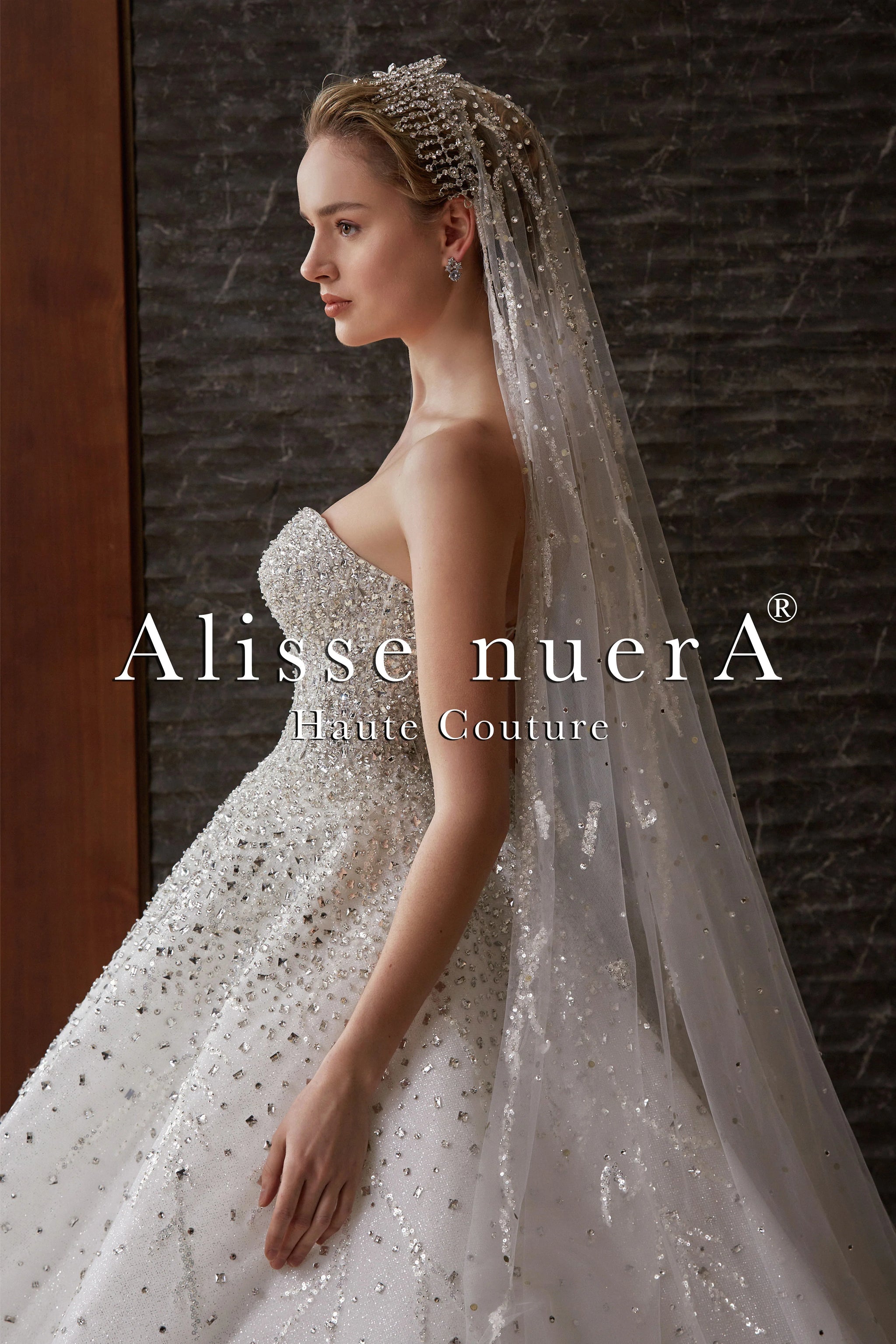 パーティードレス Rhinestone Embellished Full Length Gown Gardenia Diamond Glitter V-Neck Ball Gown | Andrea & Leo Couture