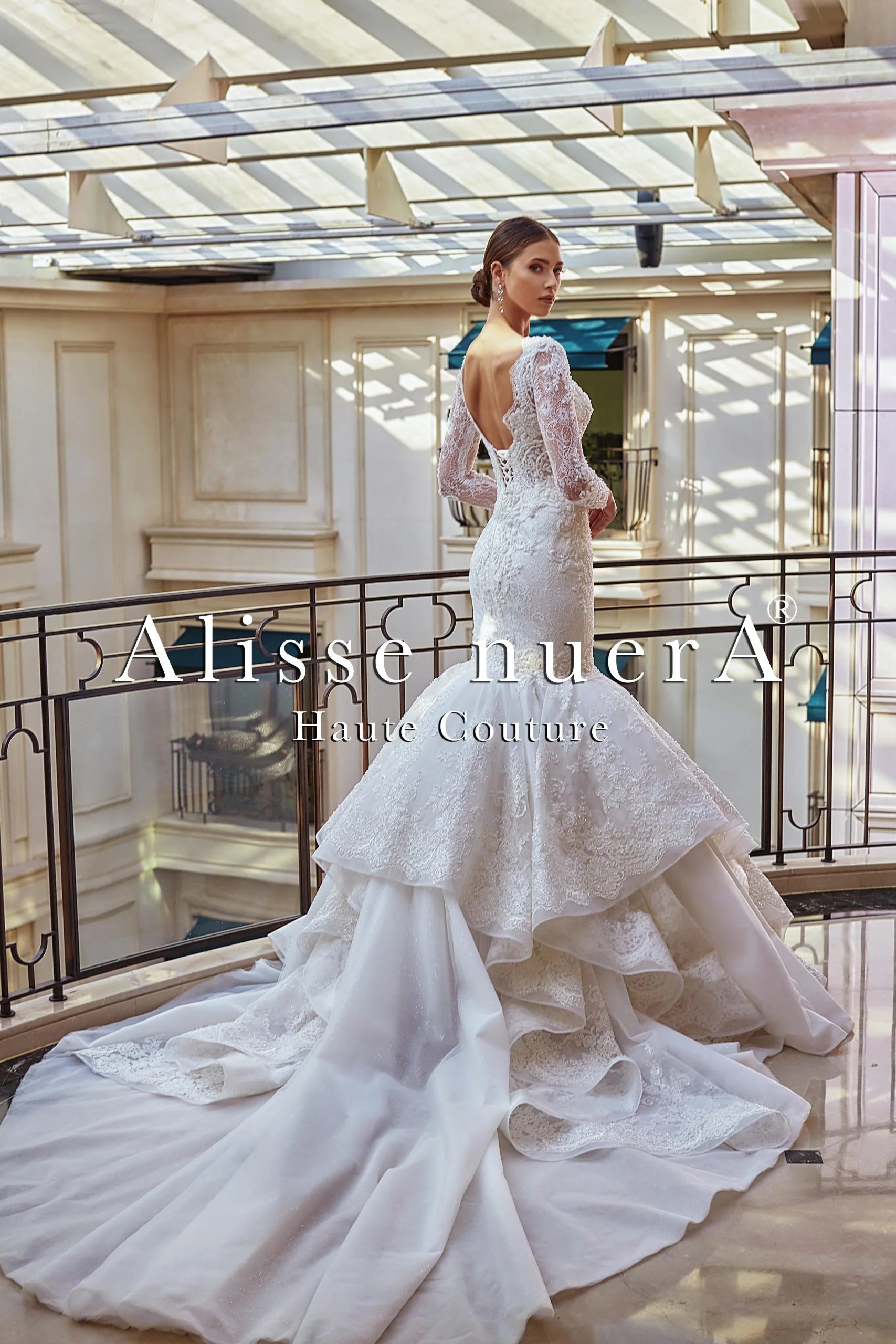 Square Neck Long Sleeve French Lace Wedding Dress with Trumpet Ruffle Skirt - Alisse Bridal Off White / French Lace / 18 Square Neck Long Sleeve French Lace Wedding Dress with Trumpet Ruffle Skirt - Alisse Bridal Off White / French Lace / 18
