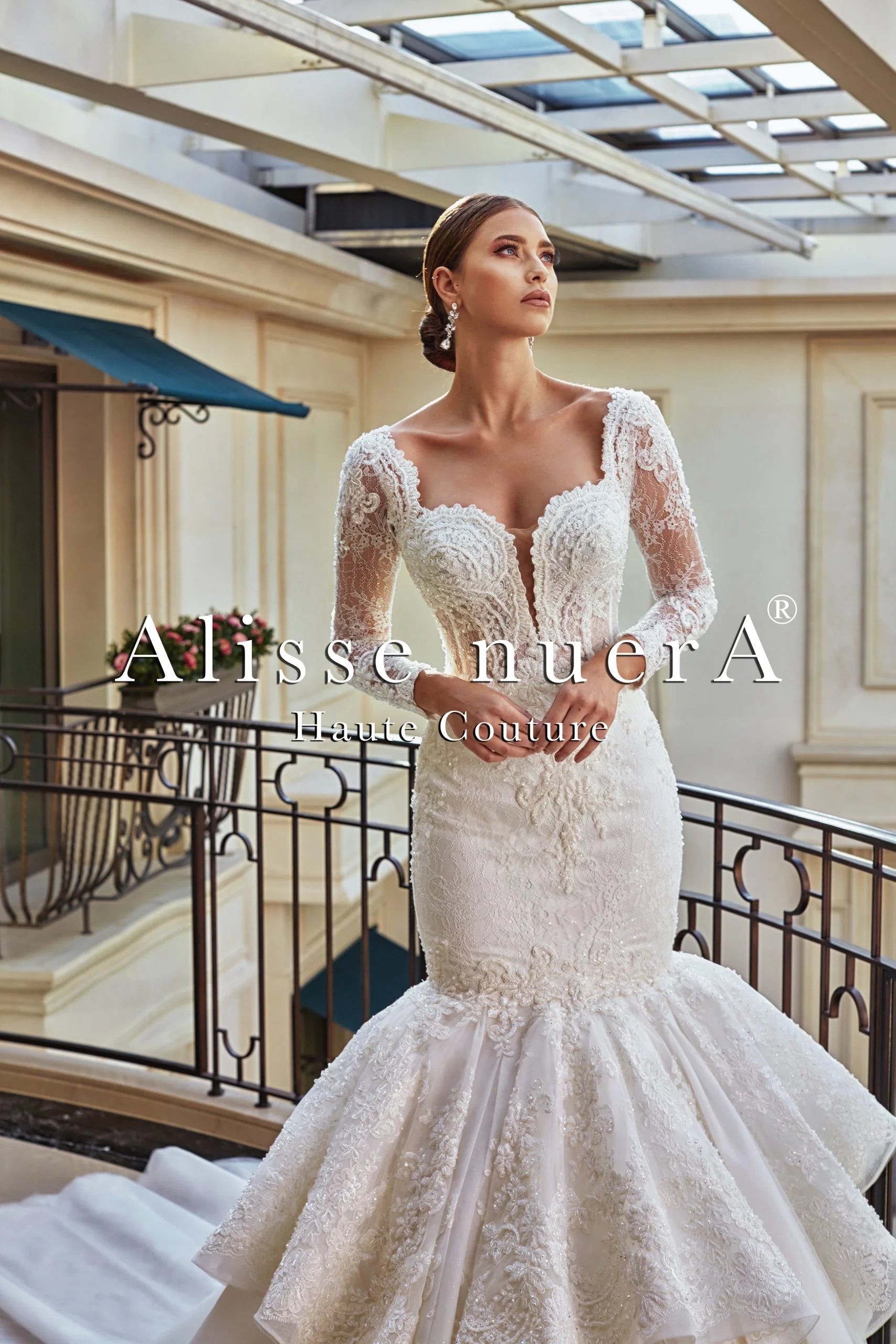 Square Neck Long Sleeve French Lace Wedding Dress with Trumpet Ruffle Skirt - Alisse Bridal Off White / French Lace / 18 Square Neck Long Sleeve French Lace Wedding Dress with Trumpet Ruffle Skirt - Alisse Bridal Off White / French Lace / 18