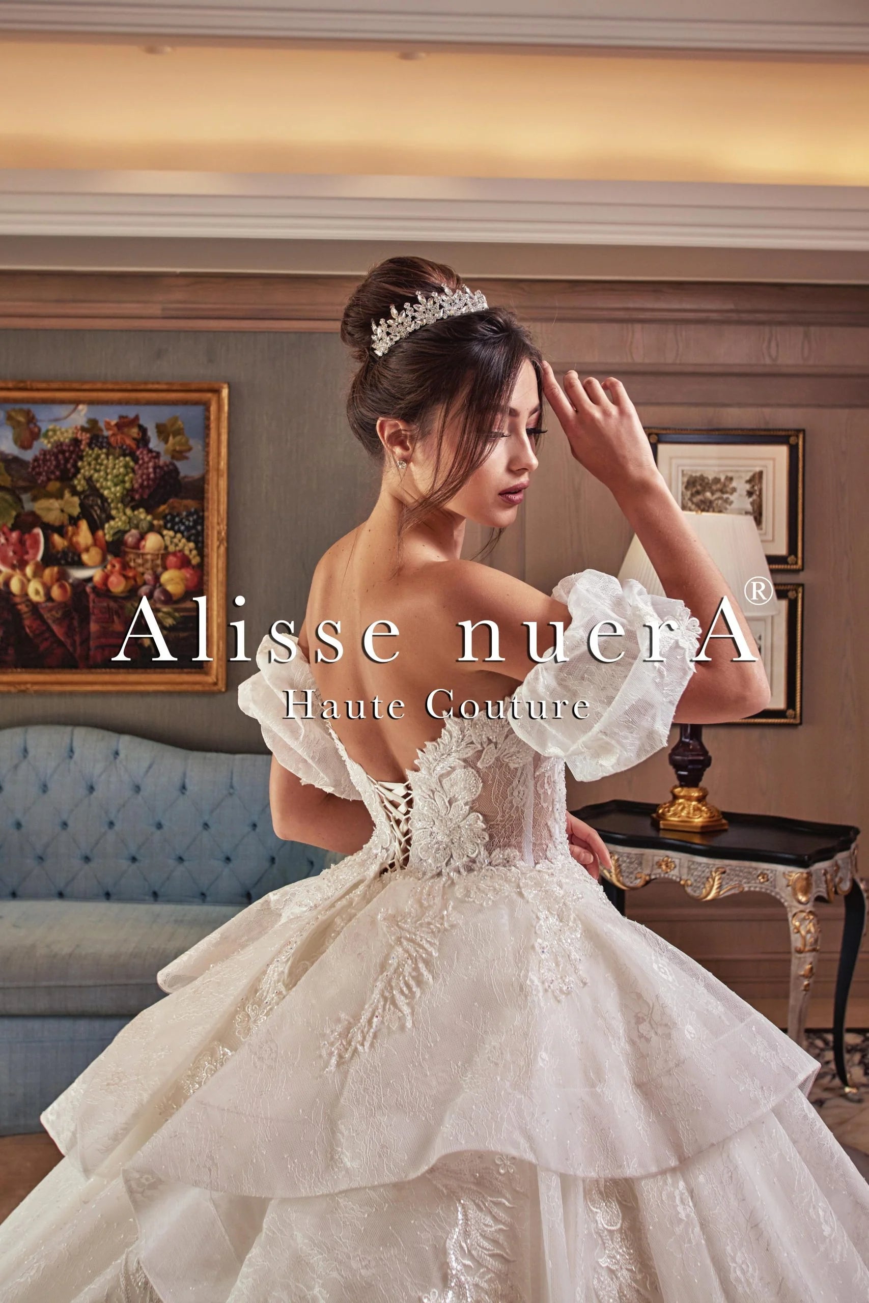 Strapless Balloon Sleeve Ball Gown Wedding Dress with Multi Layered Lace Tulle Skirt - Alisse Bridal Off White / Lace / 4 Strapless Balloon Sleeve Ball Gown Wedding Dress with Multi Layered Lace Tulle Skirt - Alisse Bridal Off White / Lace / 4