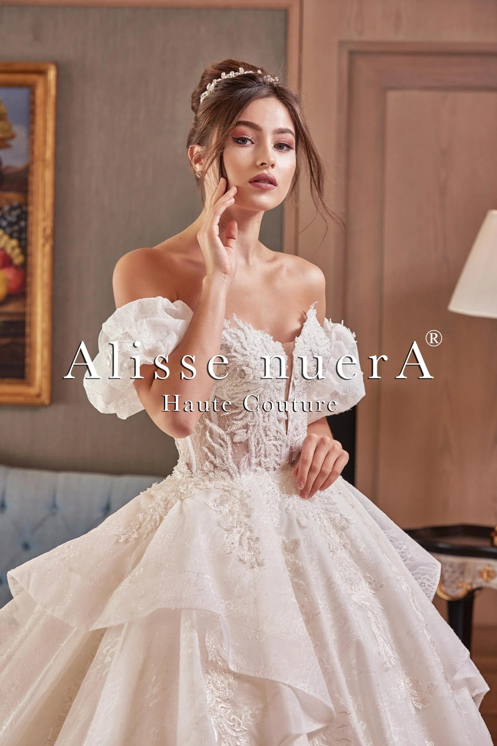 Strapless Balloon Sleeve Ball Gown Wedding Dress with Multi Layered Lace Tulle Skirt - Alisse Bridal Off White / Lace / 4 Strapless Balloon Sleeve Ball Gown Wedding Dress with Multi Layered Lace Tulle Skirt - Alisse Bridal Off White / Lace / 4