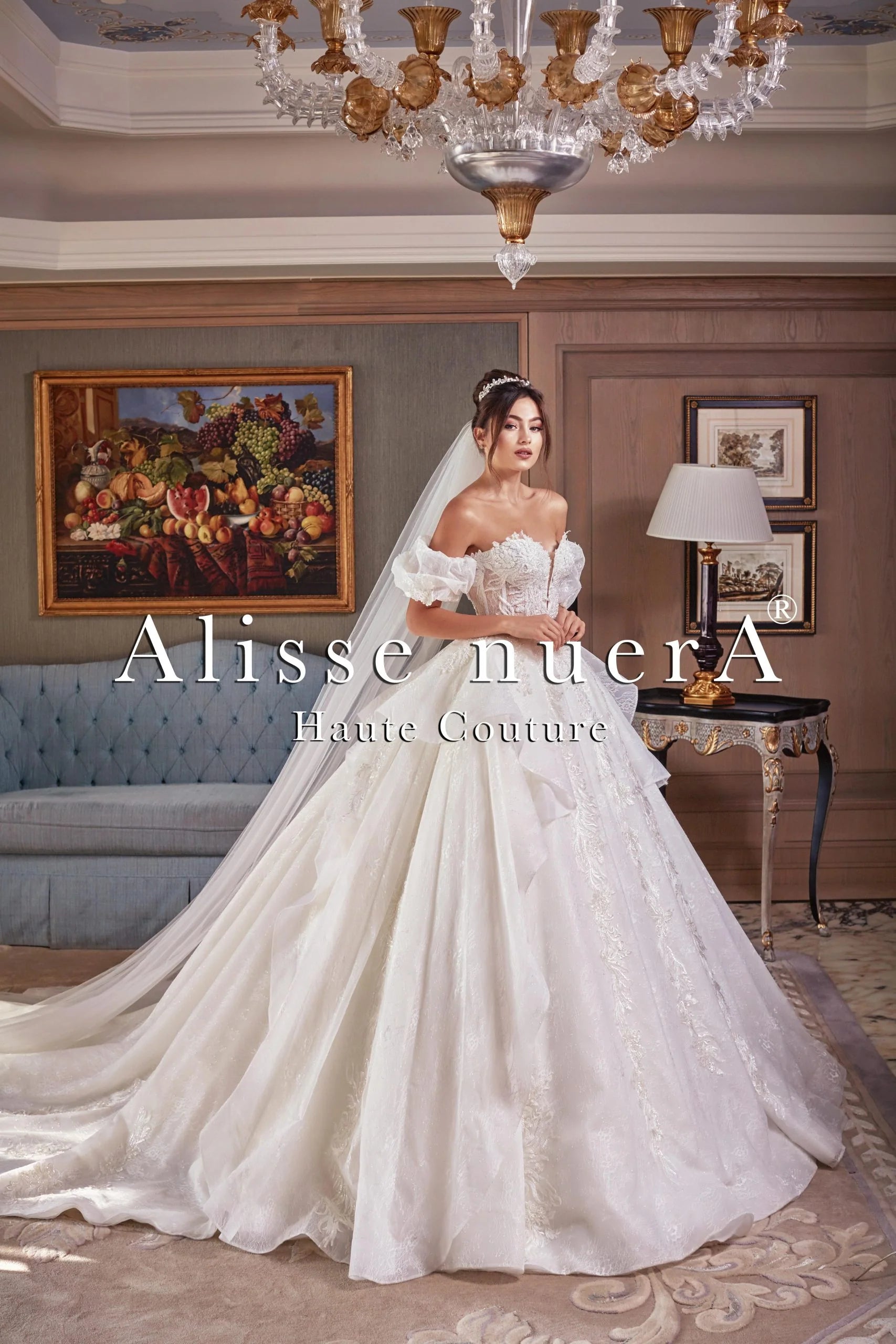 Strapless Balloon Sleeve Ball Gown Wedding Dress with Multi Layered Lace Tulle Skirt Alisse nuerA Alisse nuerA USA