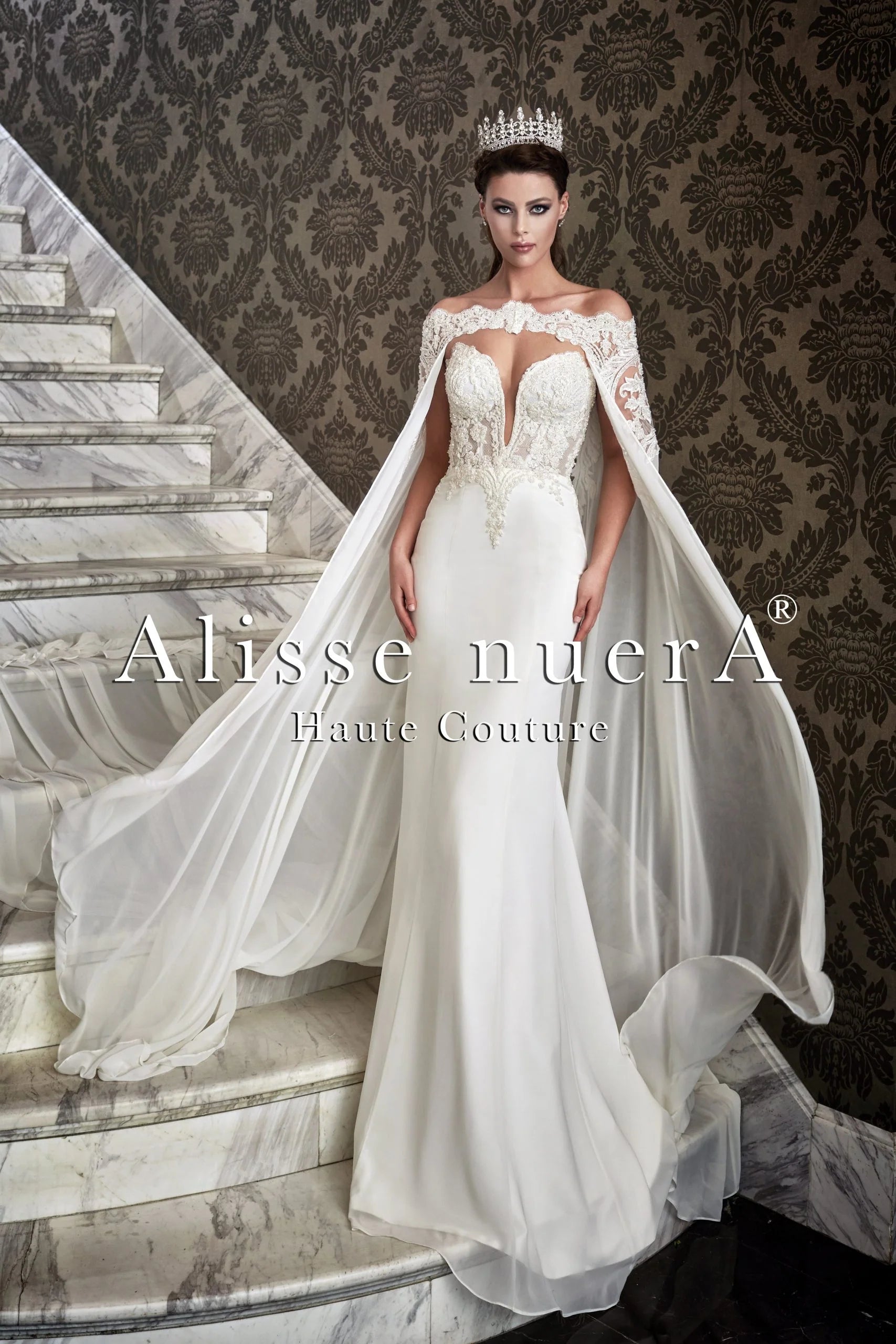 Strapless V Neck Wedding Dress with Applique Lace Bridal Cape Veil - Alisse Bridal Off White / Lace - Satin / 8 Strapless V Neck Wedding Dress with Applique Lace Bridal Cape Veil - Alisse Bridal Off White / Lace - Satin / 8