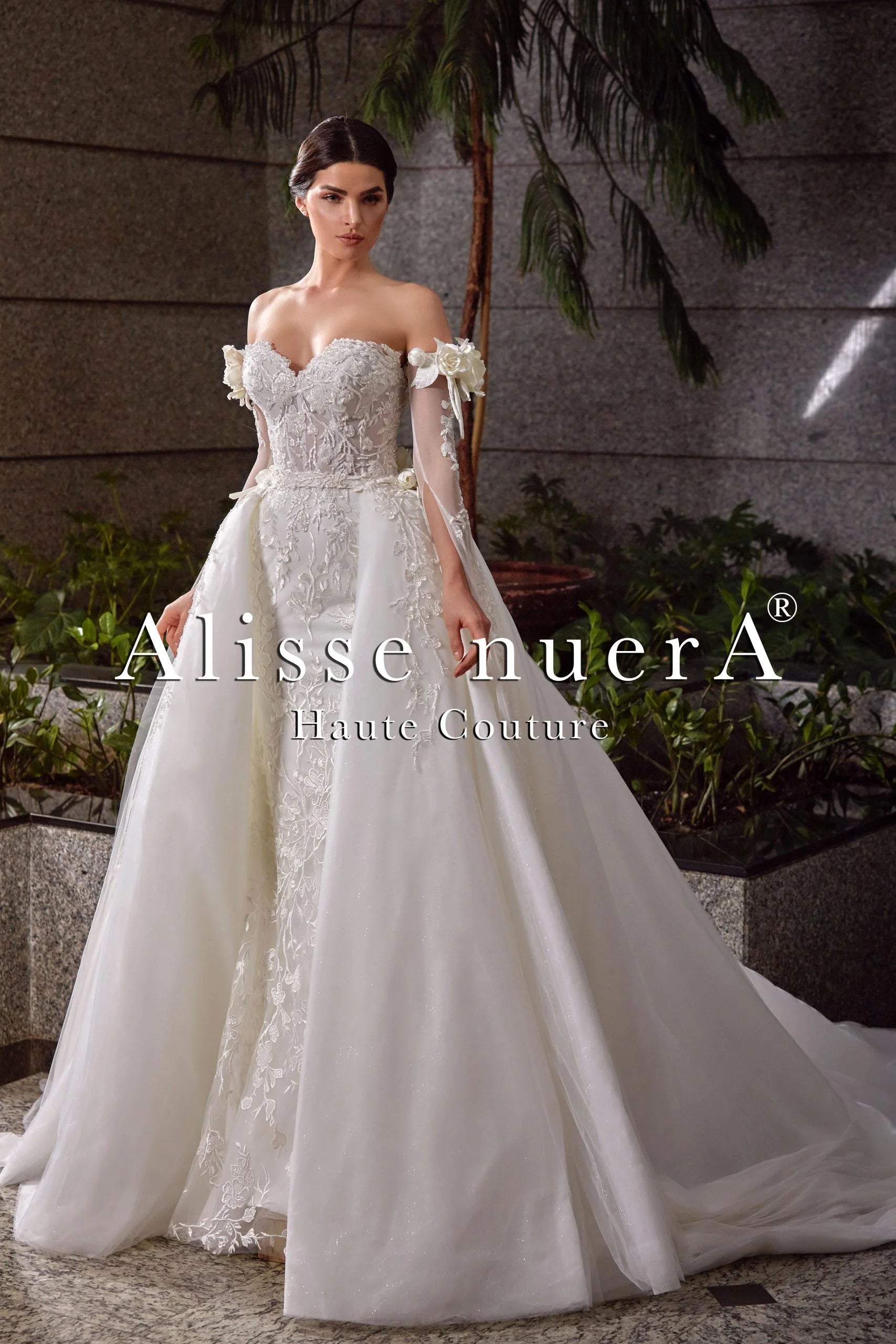 Sweetheart Strapless Sheath Bridal Dress with Detachable Overskirt Train and Sleeves Sweetheart Strapless Sheath Bridal Dress with Detachable Overskirt Train and Sleeves
