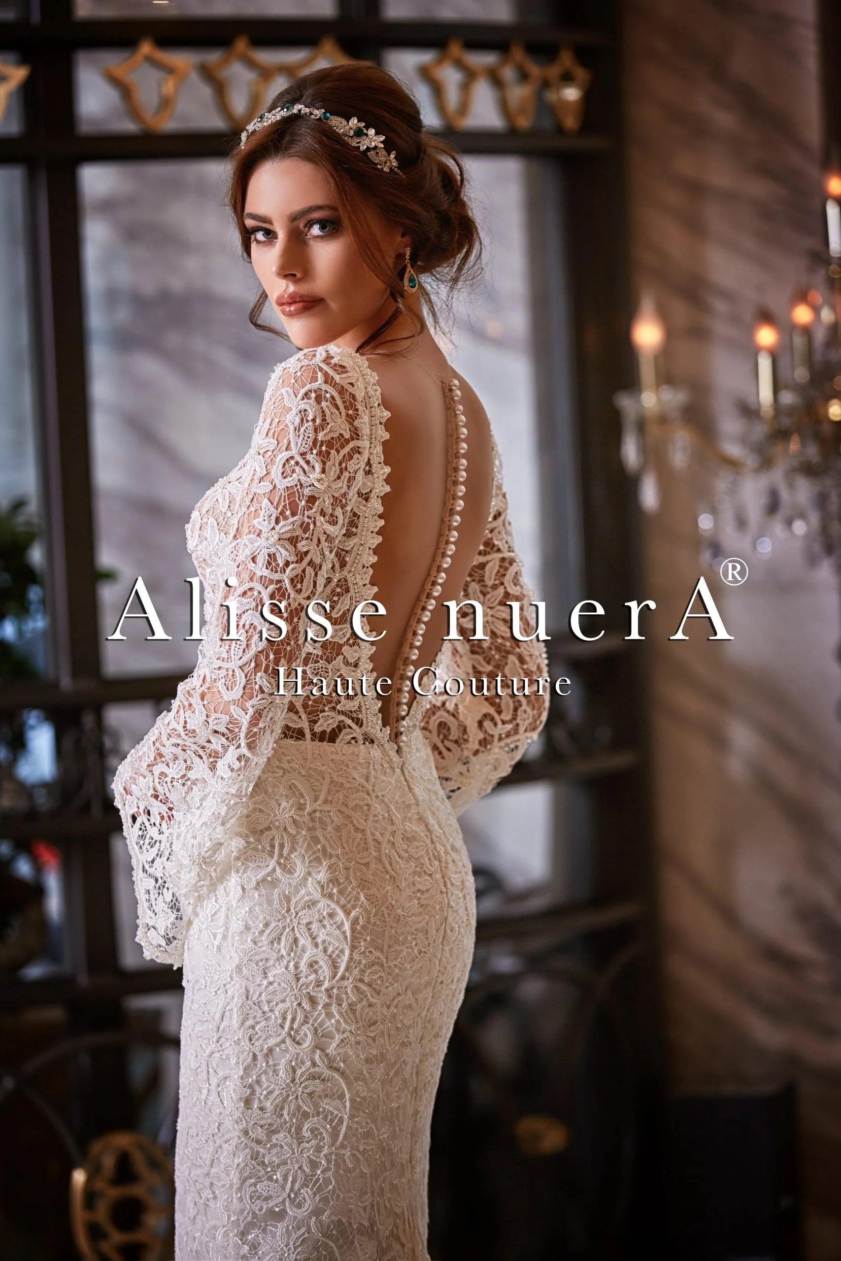 Transparent Top Lace Bridal Dress with Button Down Back Transparent Top Lace Bridal Dress with Button Down Back