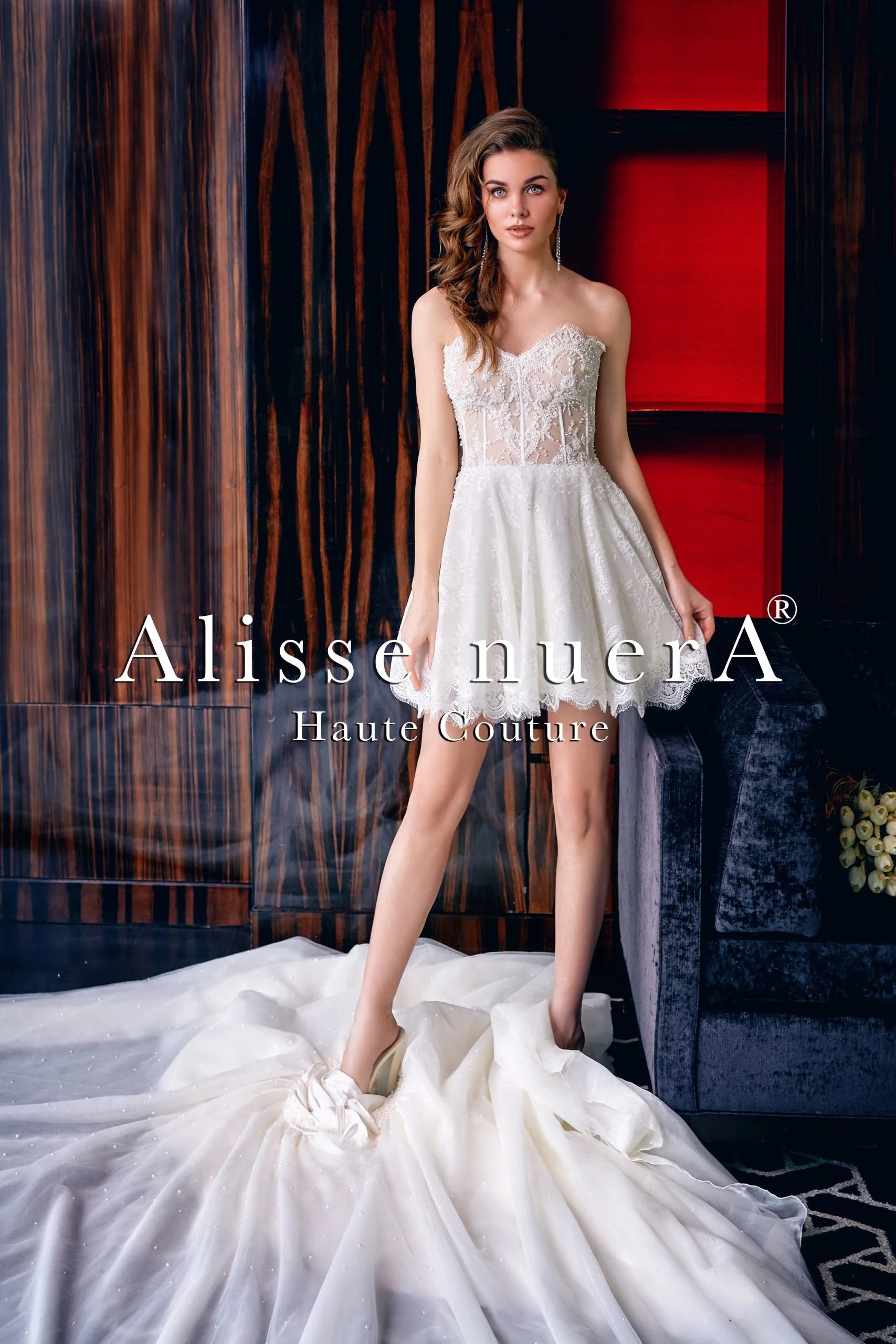 Two Piece Strapless Lace Mini Bridal Dress with Removable Tulle Overlay Skirt Two Piece Strapless Lace Mini Bridal Dress with Removable Tulle Overlay Skirt