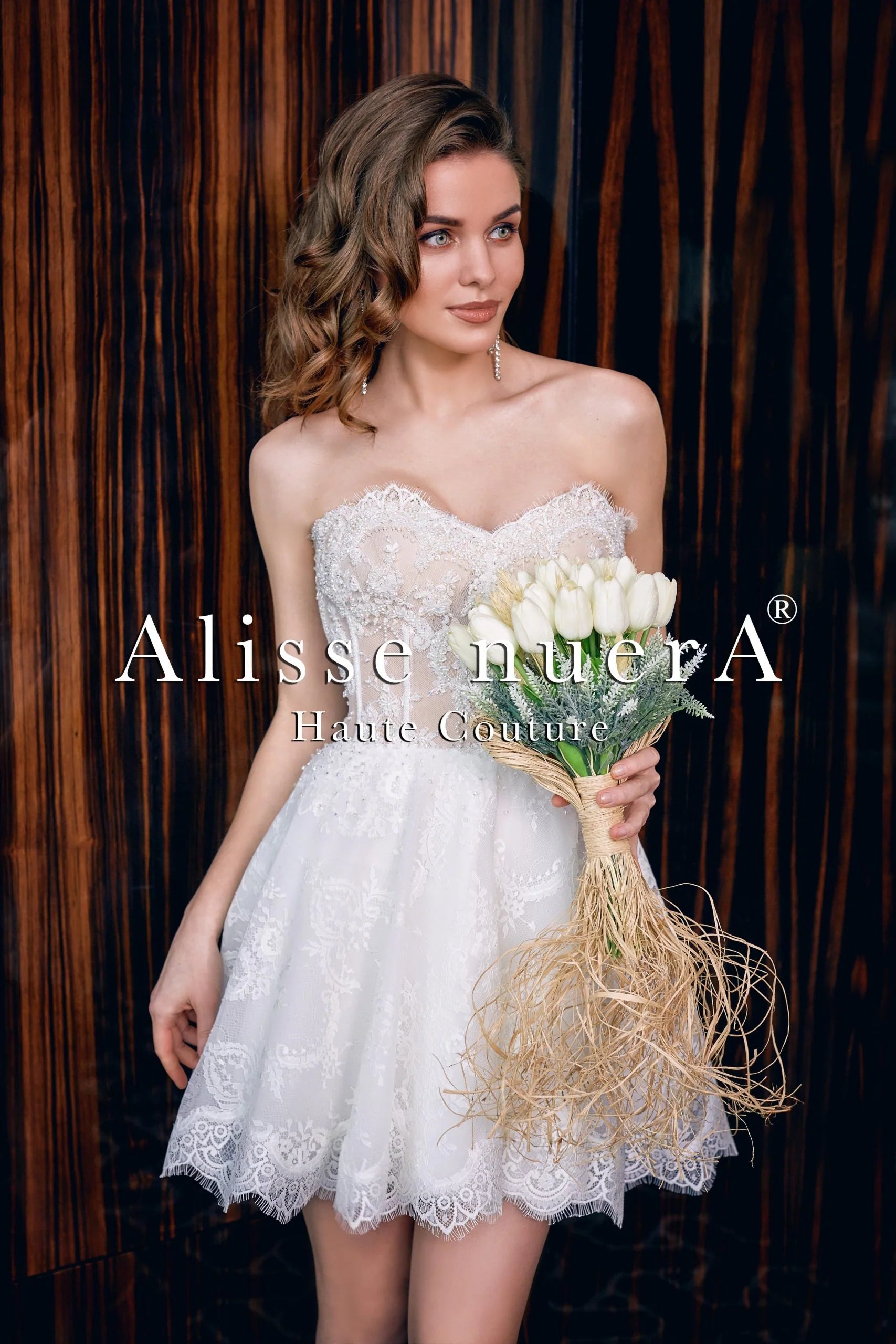 Two Piece Strapless Lace Mini Bridal Dress with Removable Tulle Overlay Skirt Two Piece Strapless Lace Mini Bridal Dress with Removable Tulle Overlay Skirt