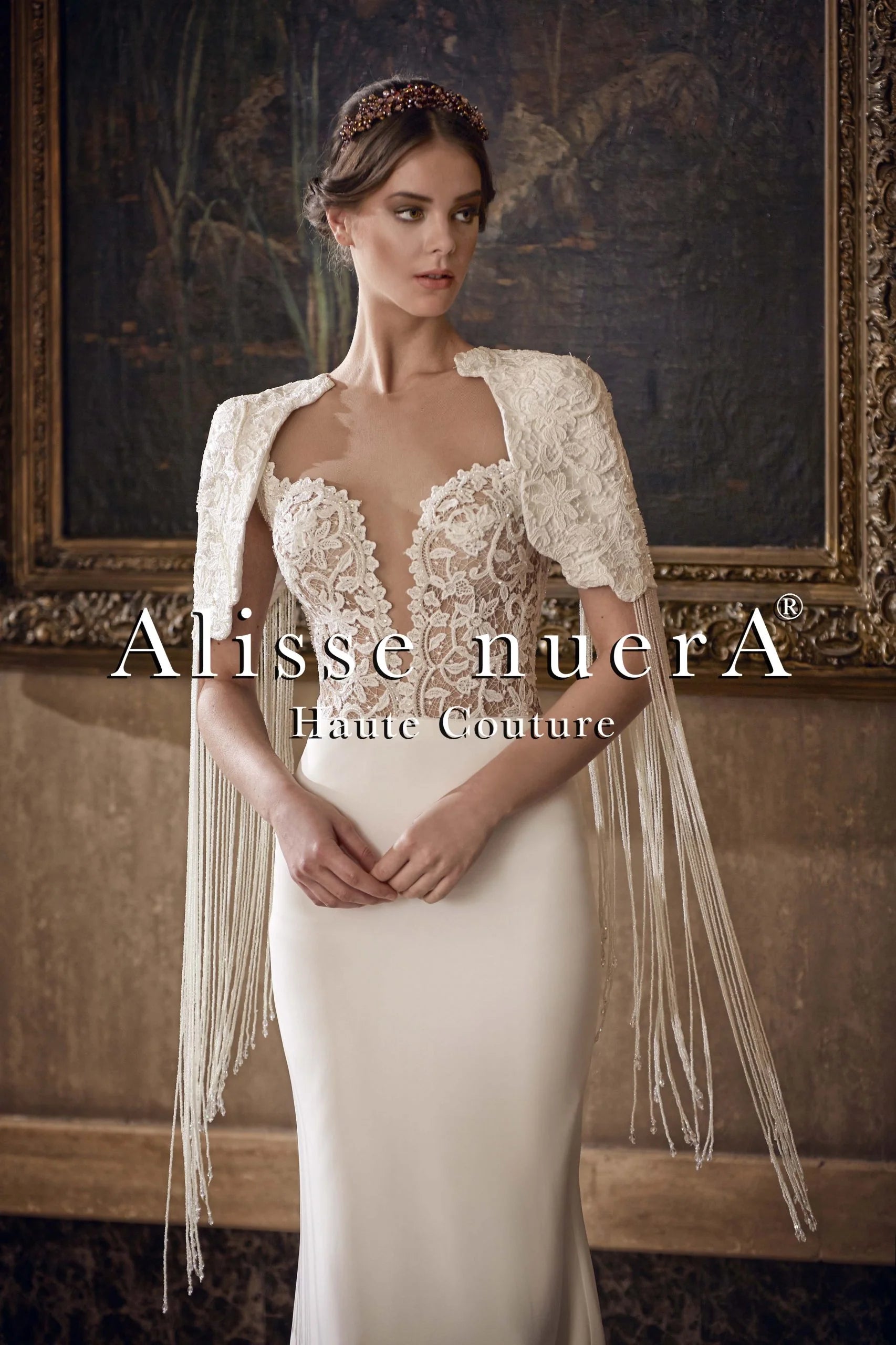 V Neck Bridal Dress with Lace Train and Lace Bridal Bolero - Alisse Bridal V Neck Bridal Dress with Lace Train and Lace Bridal Bolero - Alisse Bridal