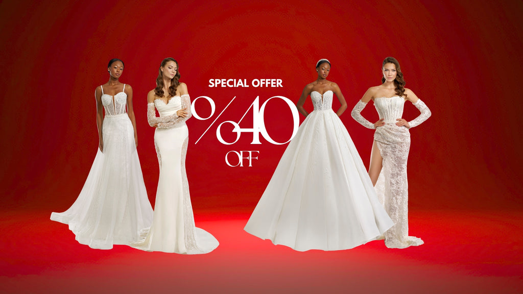 Four women in white wedding dresses on a red background with a special offer text.