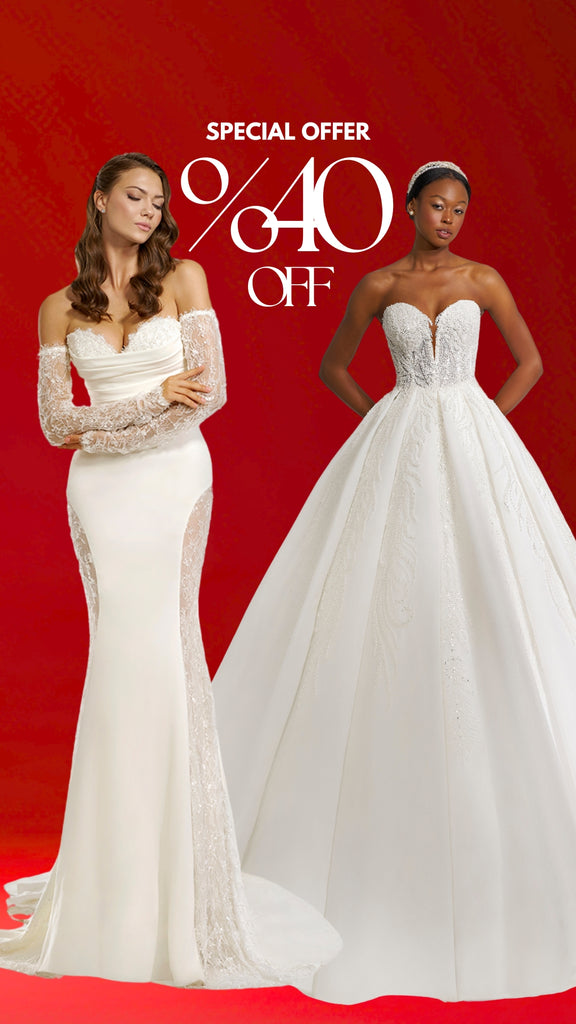 Two women wearing wedding dresses with a special offer text on a red background